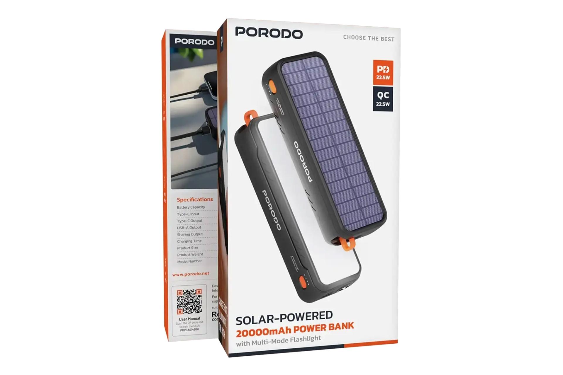 جعبه پاور بانک پرودو Porodo Solar-Powered PDPBAS149BK 20000mAh
