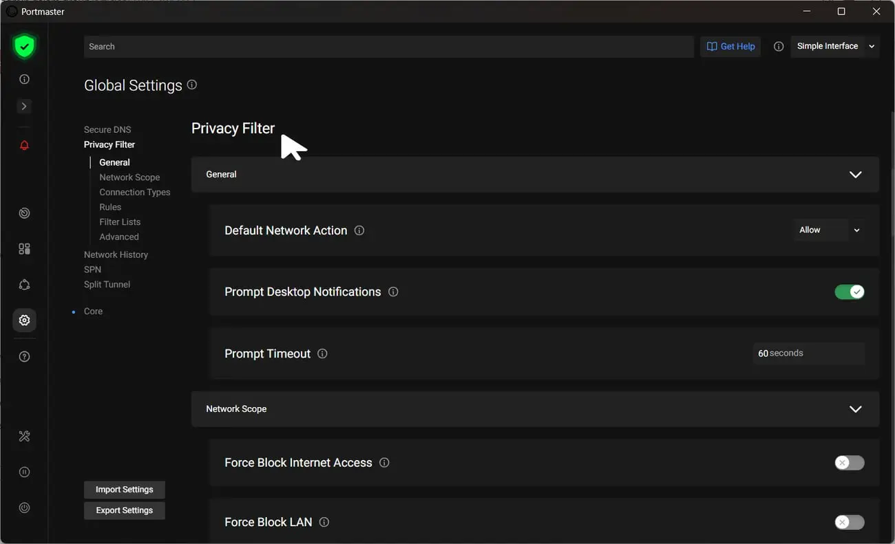 پنل تنظیمات Privacy Filter در نرم‌افزار پورت‌مستر (Portmaster) برای مدیریت حریم خصوصی