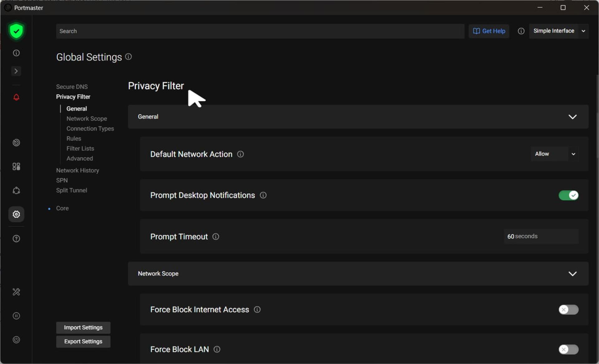 پنل تنظیمات Privacy Filter در نرمافزار پورتمستر (Portmaster) برای مدیریت حریم خصوصی