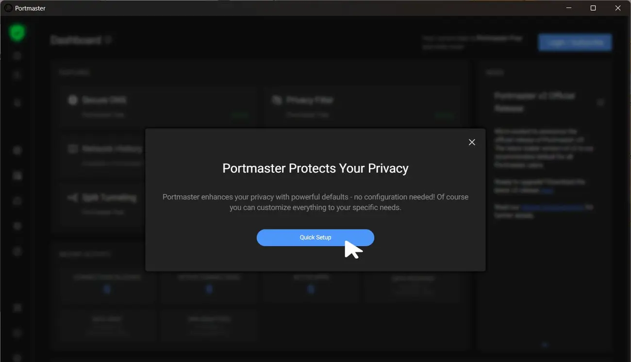 پنل کاربری نرم‌افزار پرتمستر (Portmaster) با پیام محافظت از حریم خصوصی
