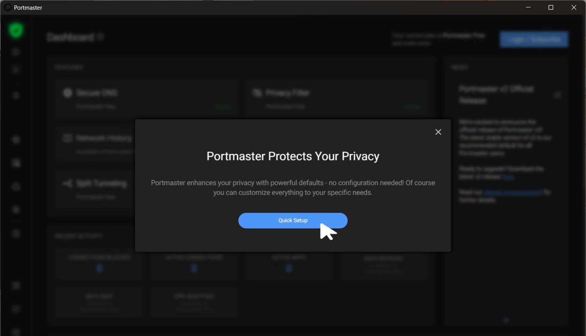 پنل کاربری نرمافزار پرتمستر (Portmaster) با پیام محافظت از حریم خصوصی