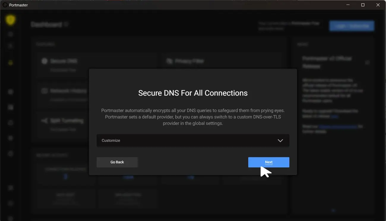 پنجره تنظیمات Secure DNS در نرم‌افزار پرتمستر (Portmaster) برای رمزنگاری درخواست‌های DNS