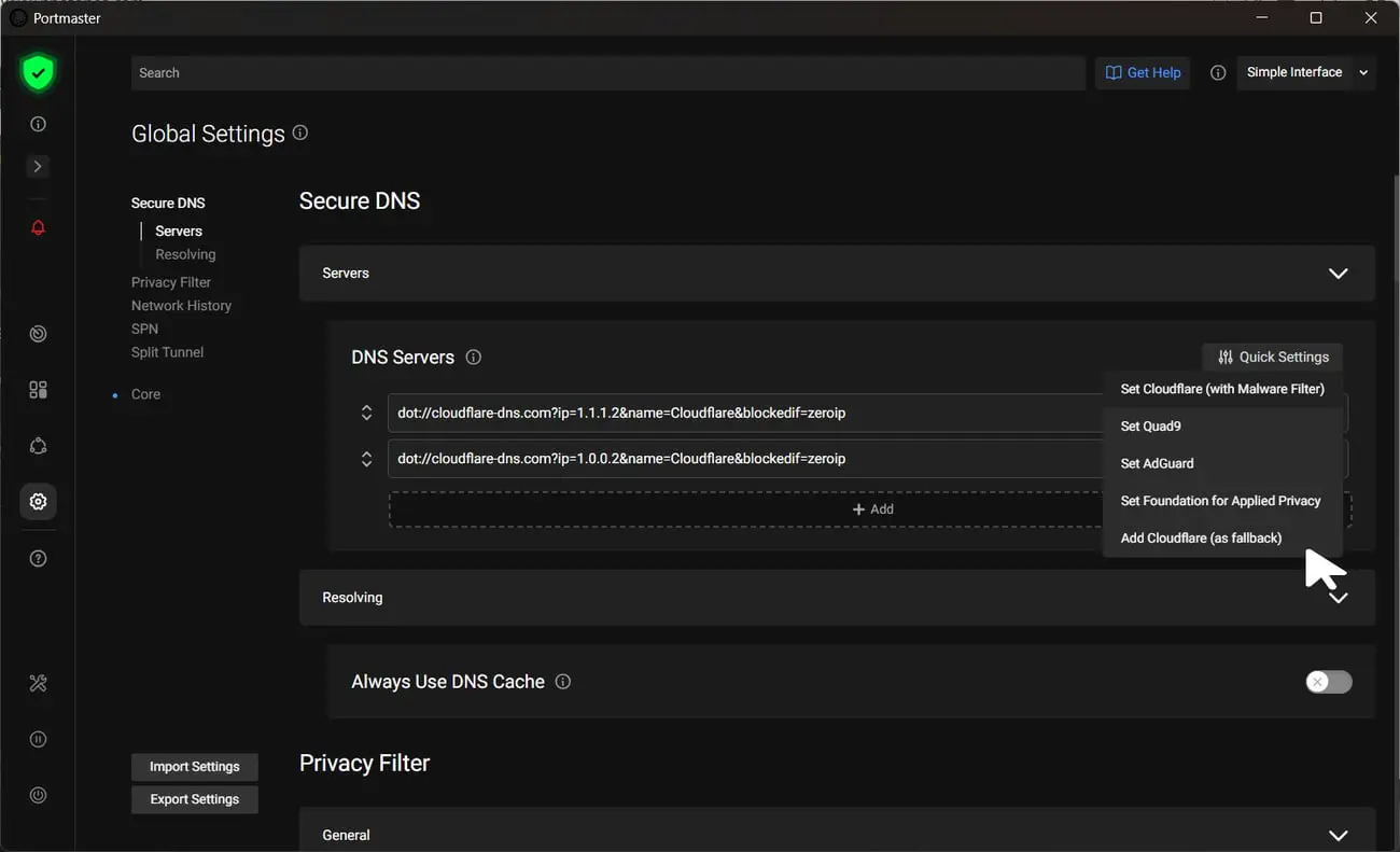 تنظیمات بخش Secure DNS در رابط کاربری نرم‌افزار Portmaster برای مدیریت سرورهای DNS