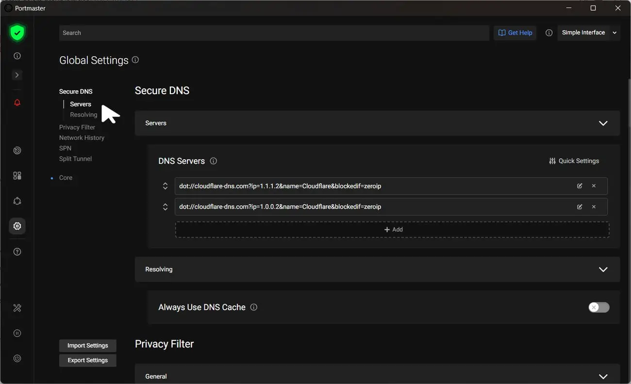 بخش DNS امن در برنامه Portmaster برای مدیریت سرورهای DNS