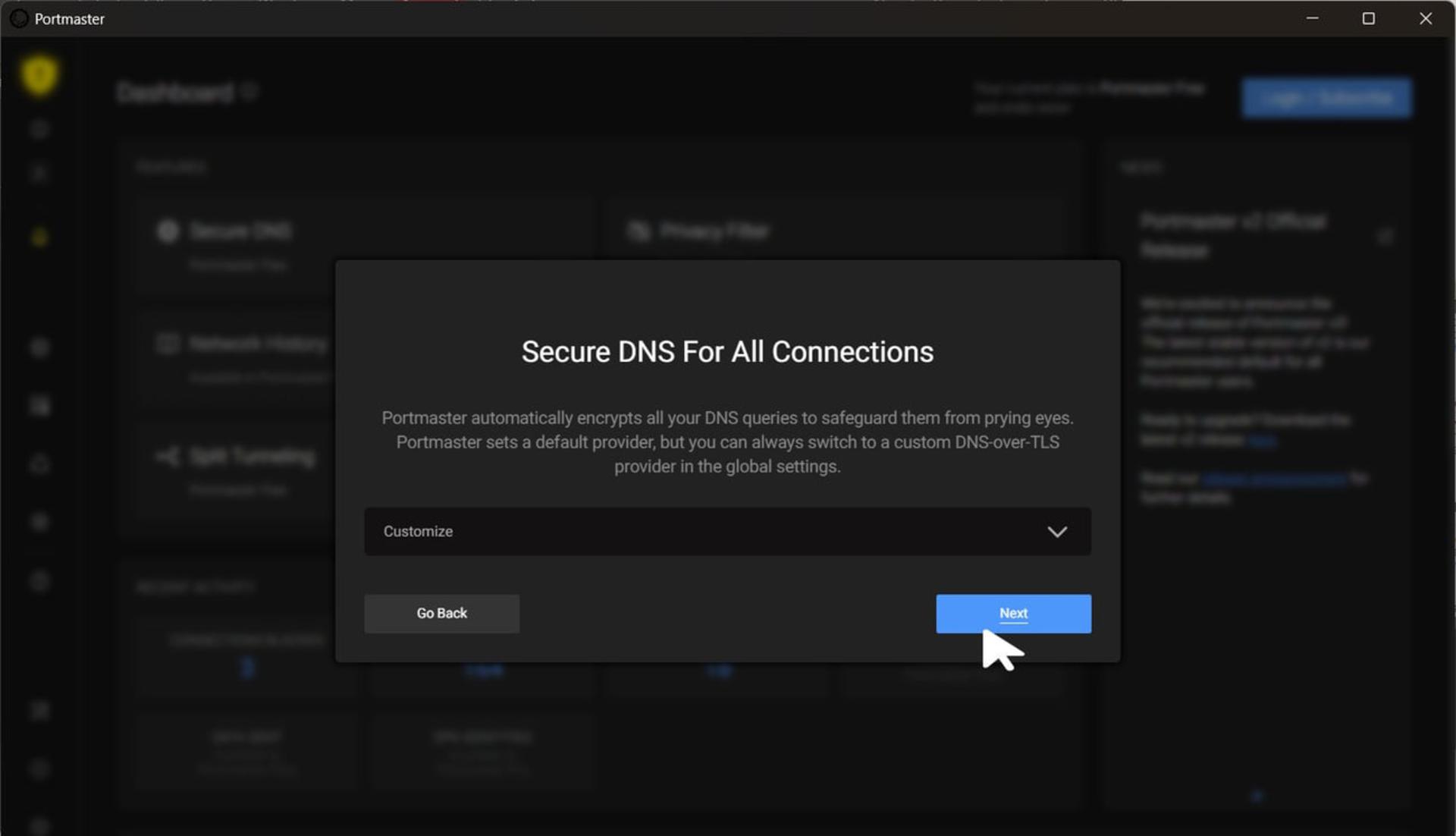 پنجره تنظیمات Secure DNS در نرمافزار پرتمستر (Portmaster) برای رمزنگاری درخواستهای DNS