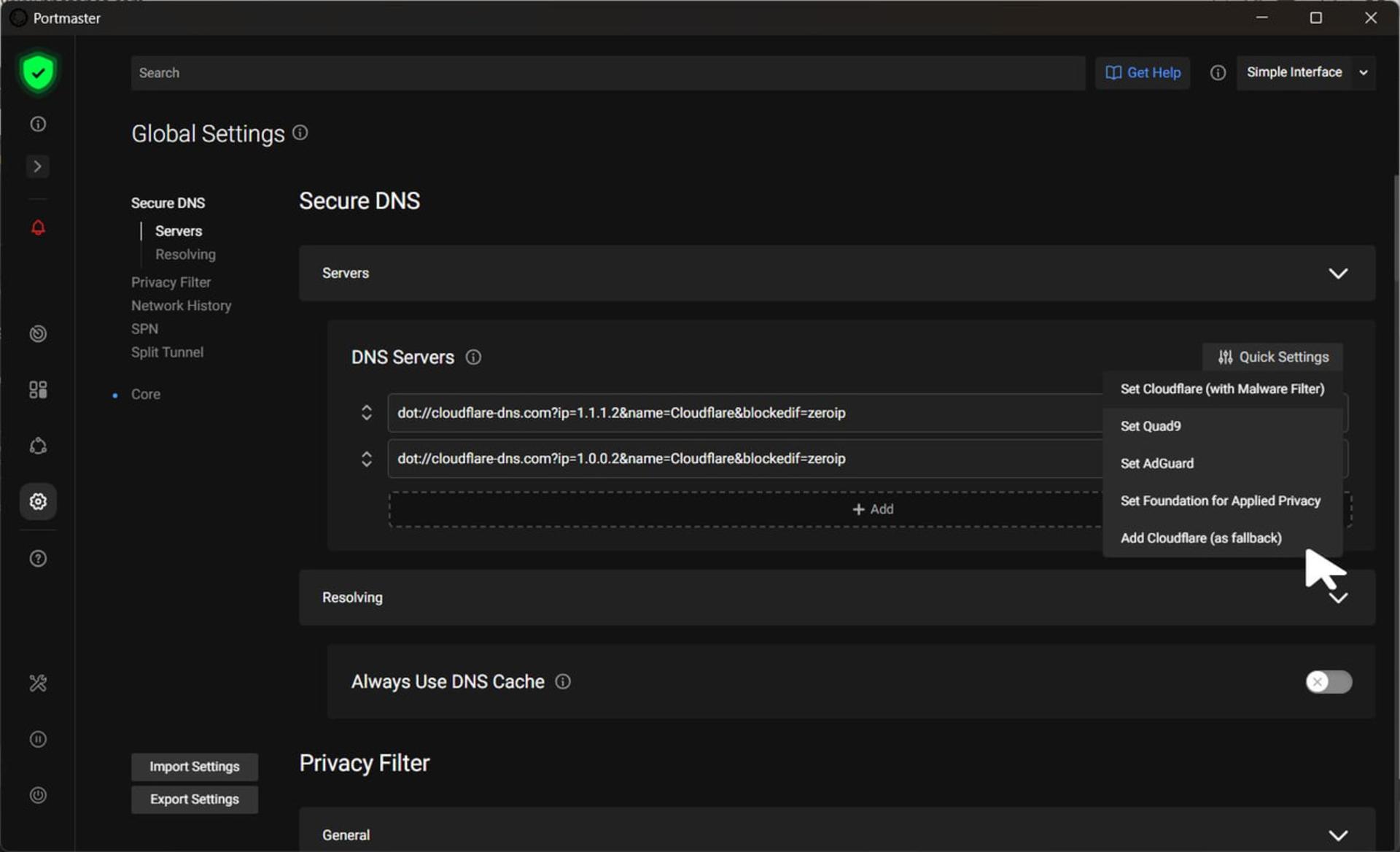 تنظیمات بخش Secure DNS در رابط کاربری نرمافزار Portmaster برای مدیریت سرورهای DNS