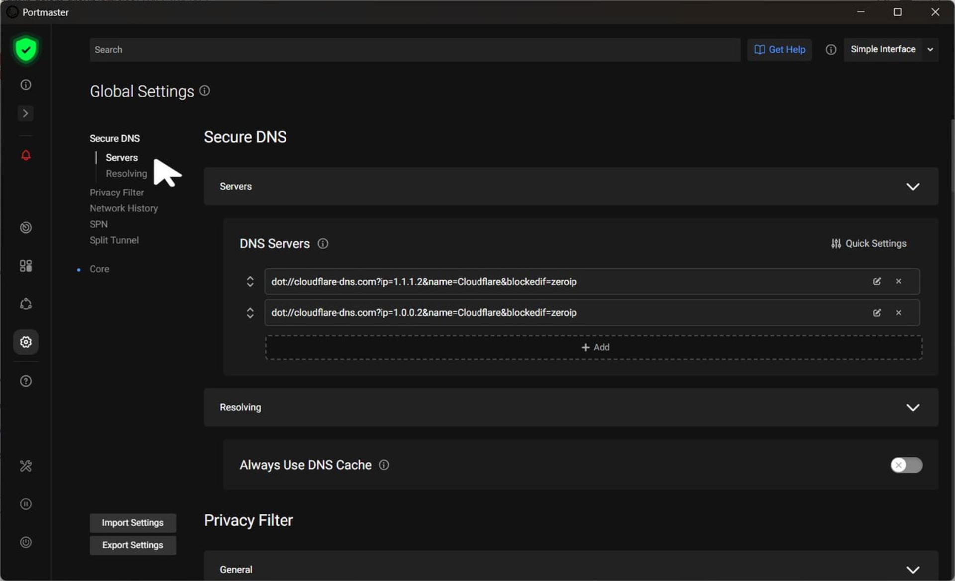 بخش DNS امن در برنامه Portmaster برای مدیریت سرورهای DNS