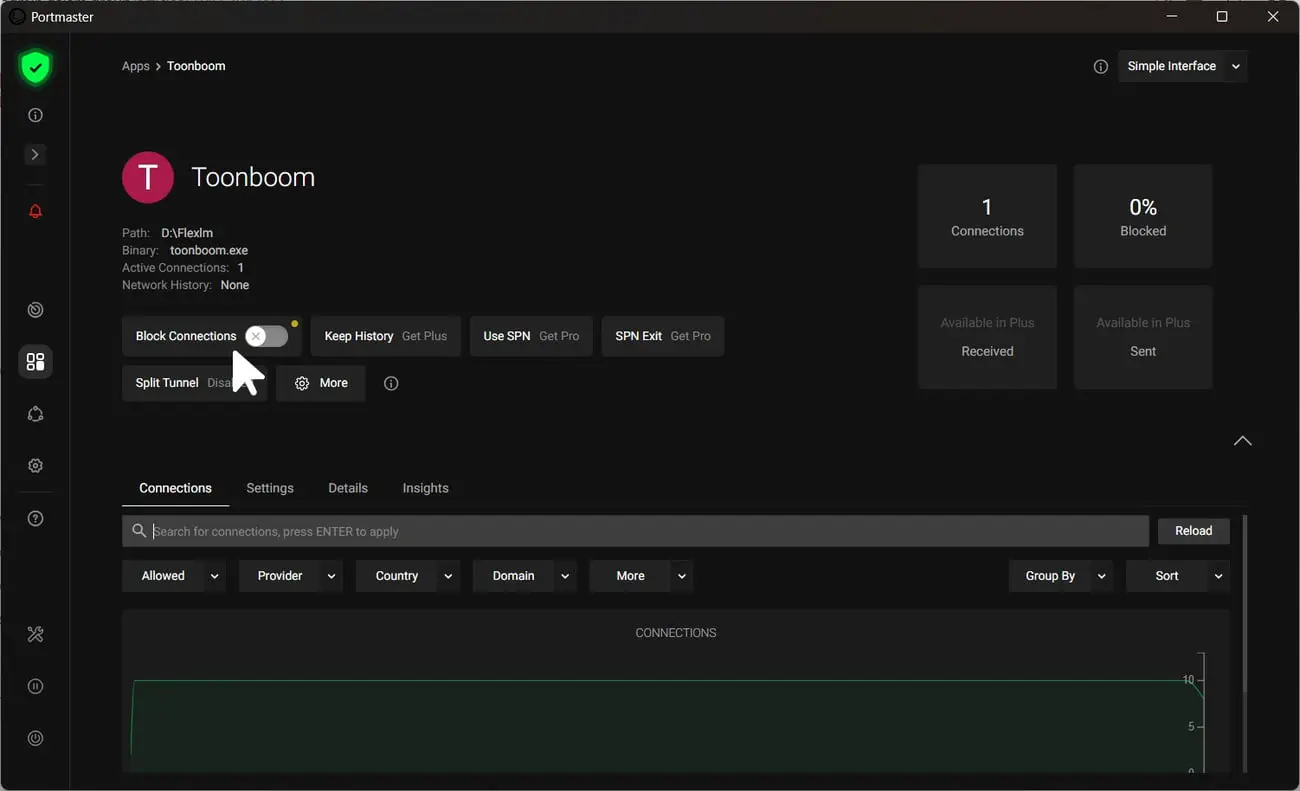 پنل مدیریت ترافیک شبکه نرم‌افزار Portmaster برای اپلیکیشن Toonboom