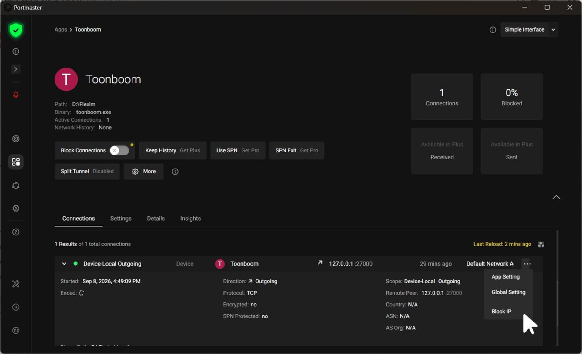 پنل مدیریت اتصال نرمافزار Toonboom (Toonboom) در محیط برنامه Portmaster