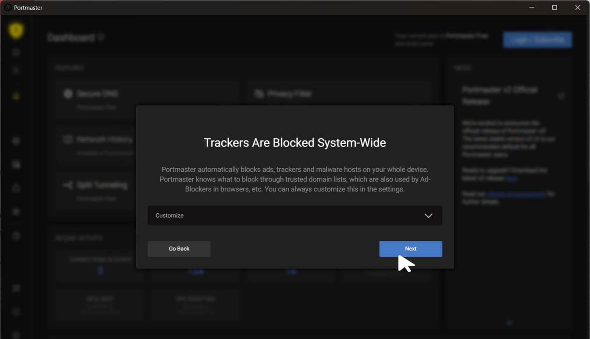 پیام مسدودسازی ردیابها در محیط نرمافزار پرتمستر (Portmaster)