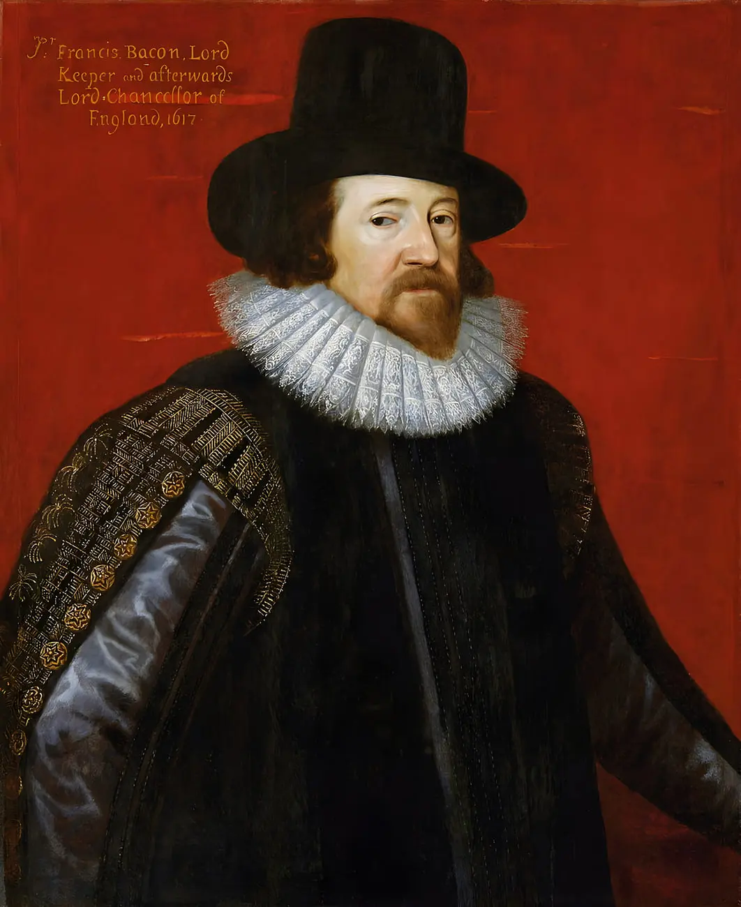 فرانسیس بیکن (Francis Bacon) با کلاه سیاه و یقه سفید چین‌دار