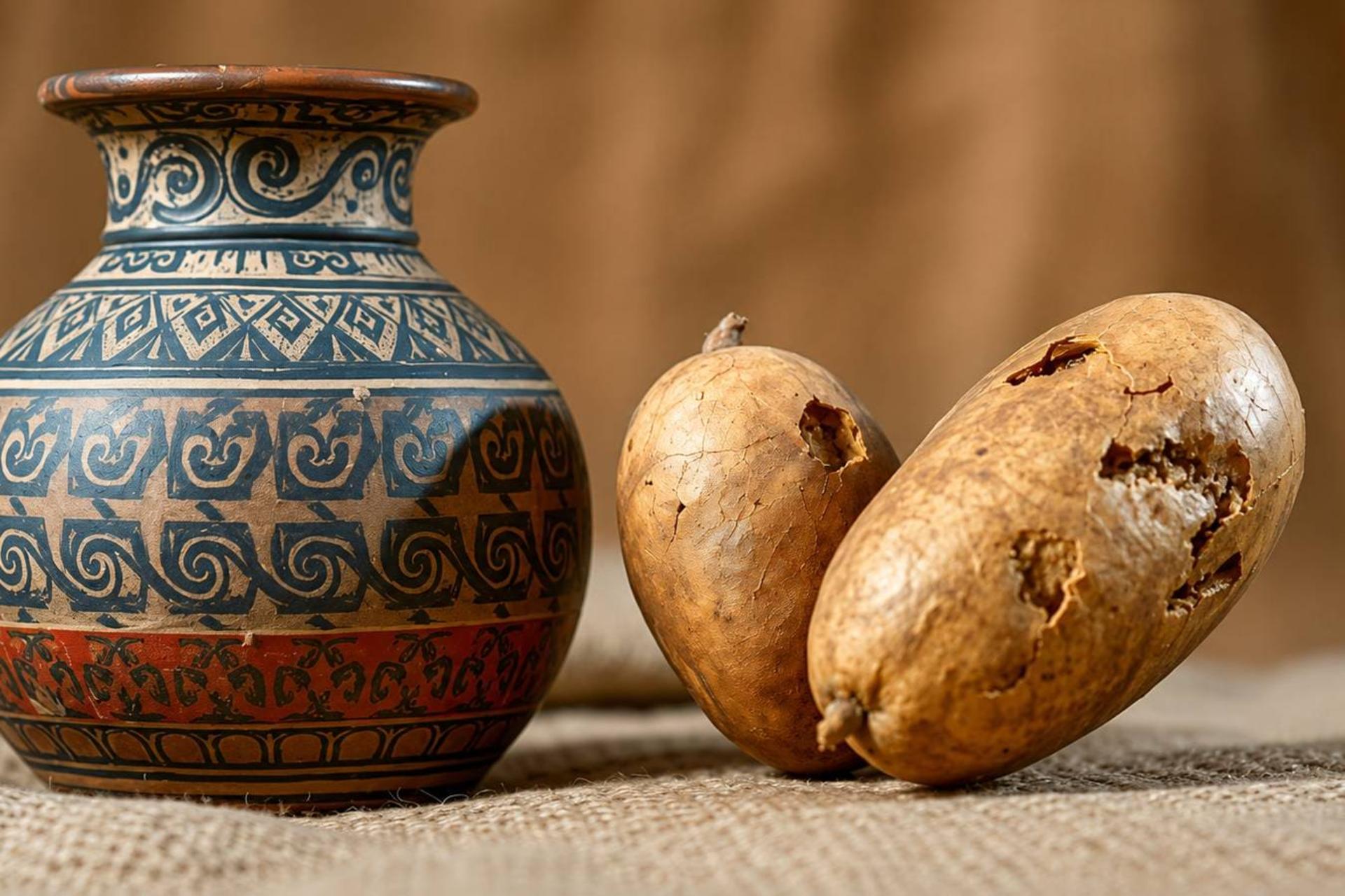 سیب زمینی در کنار ظرف سفالی