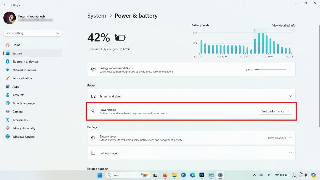 تنظیمات Power & battery