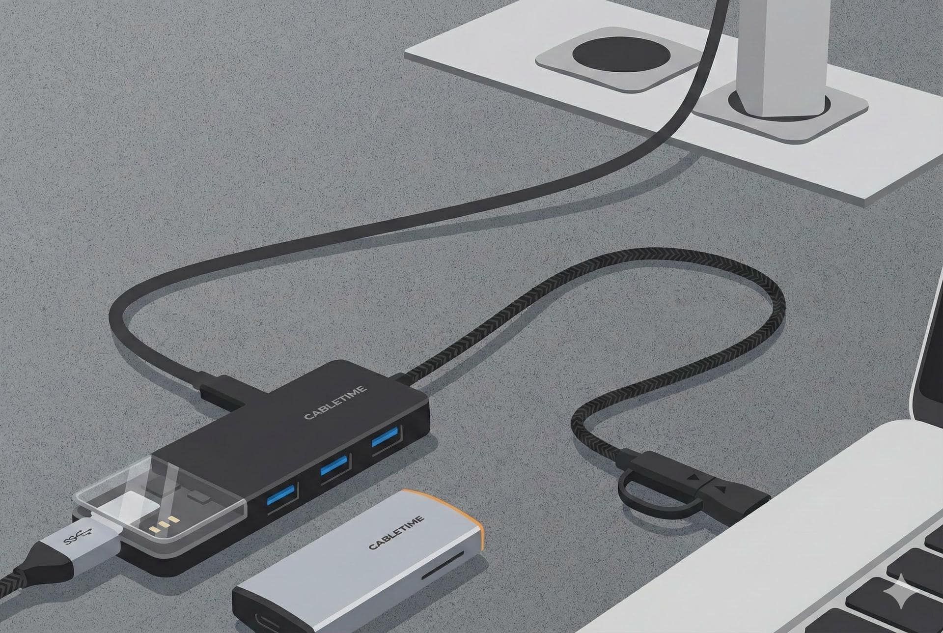 یک هاب یو اس بی پاوردار که چندین دستگاه به آن وصل است