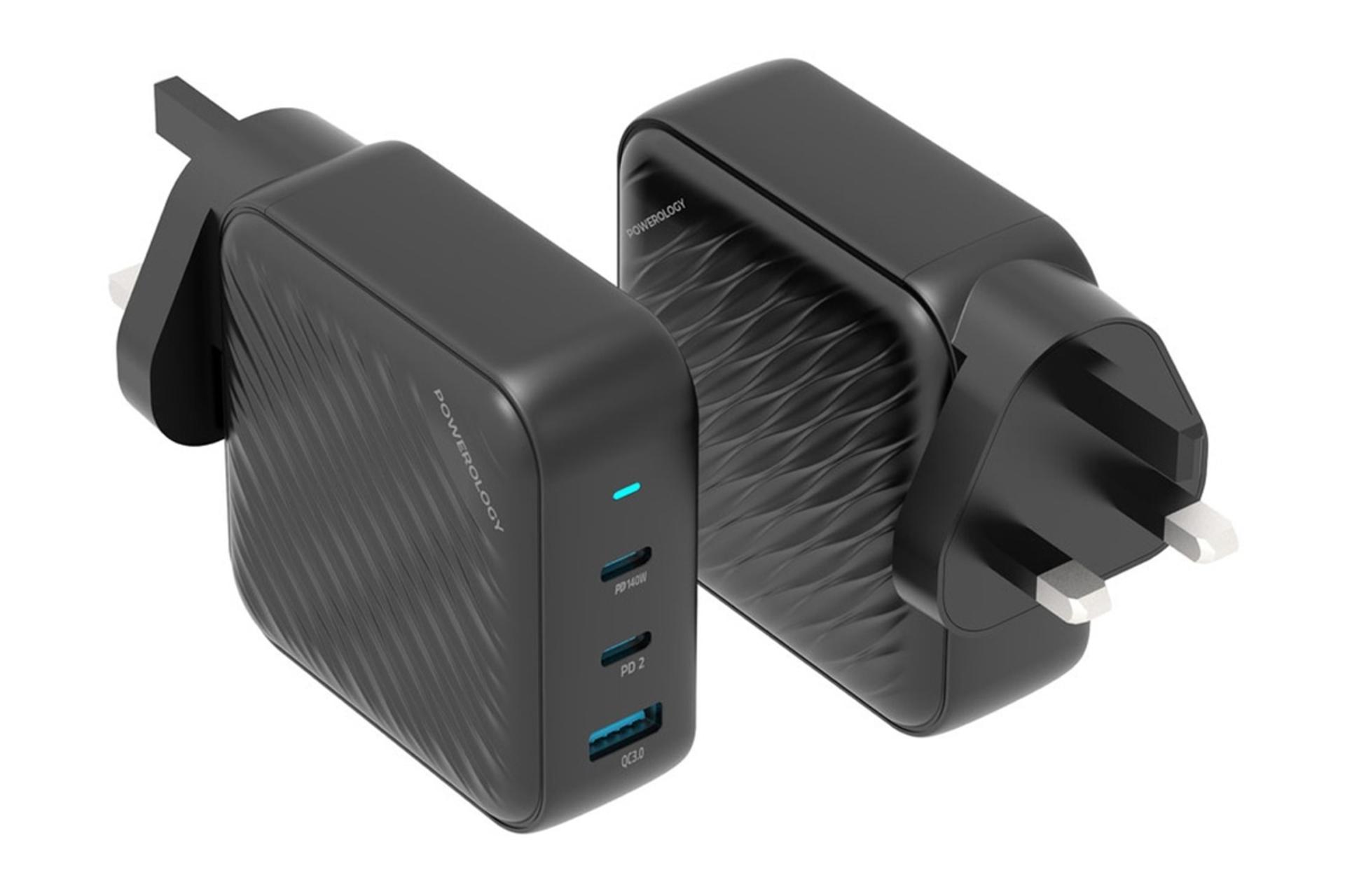 شارژر پاورولوجی Powerology 140W GaN PWCUQC022 از نمای جلو و پشت