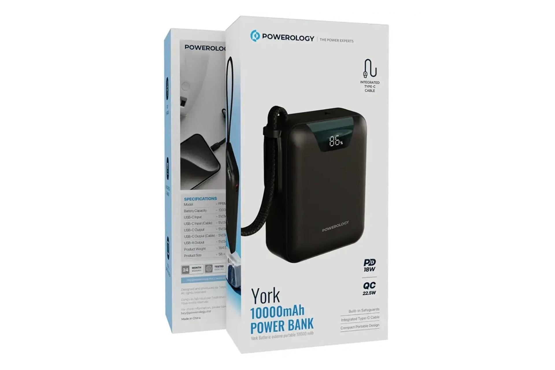 جعبه پاور بانک پاورولوجی Powerology York 10000mAh مشکی