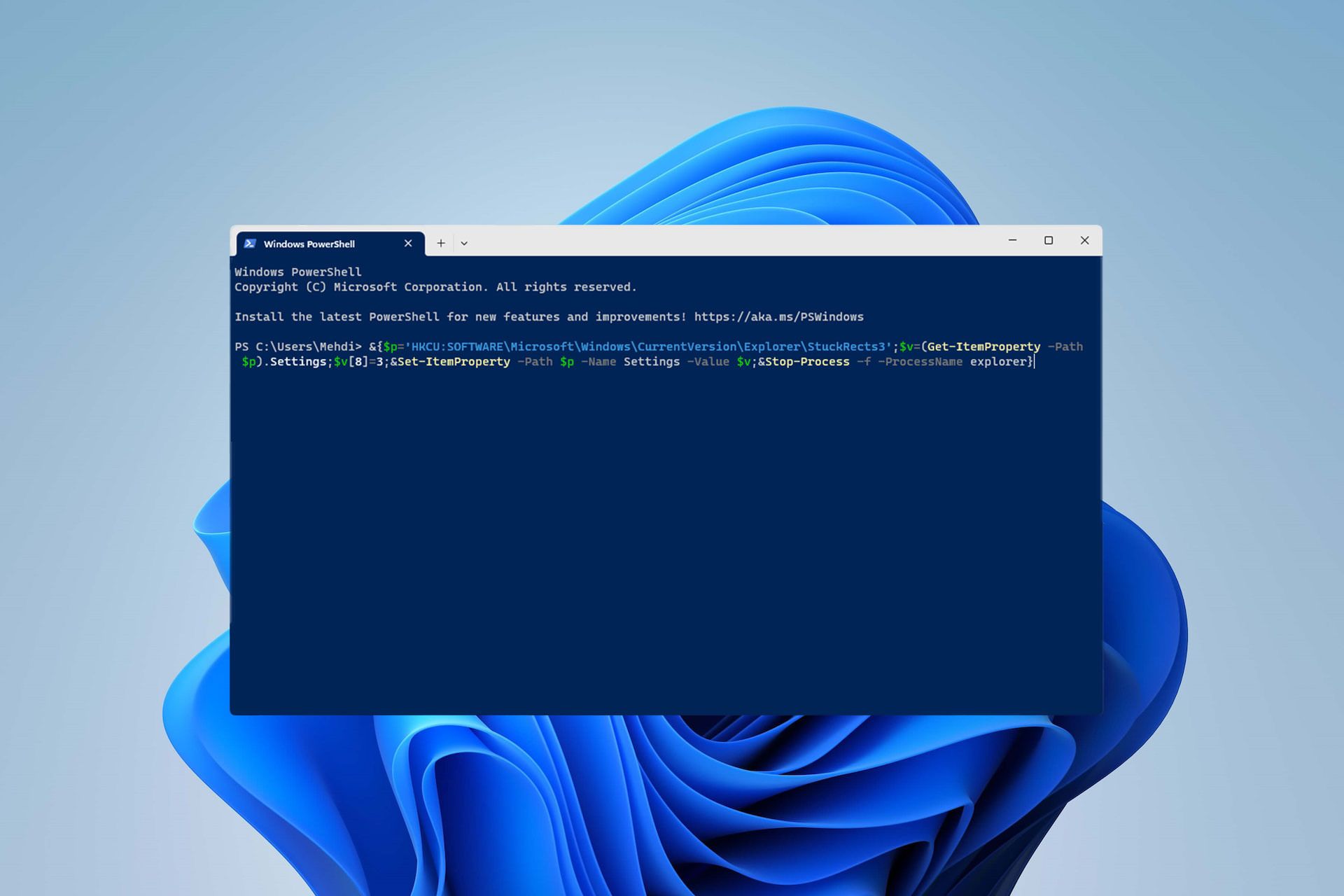 پنجره‌ی PowerShell با دستور پنهان کردن تسک‌بار