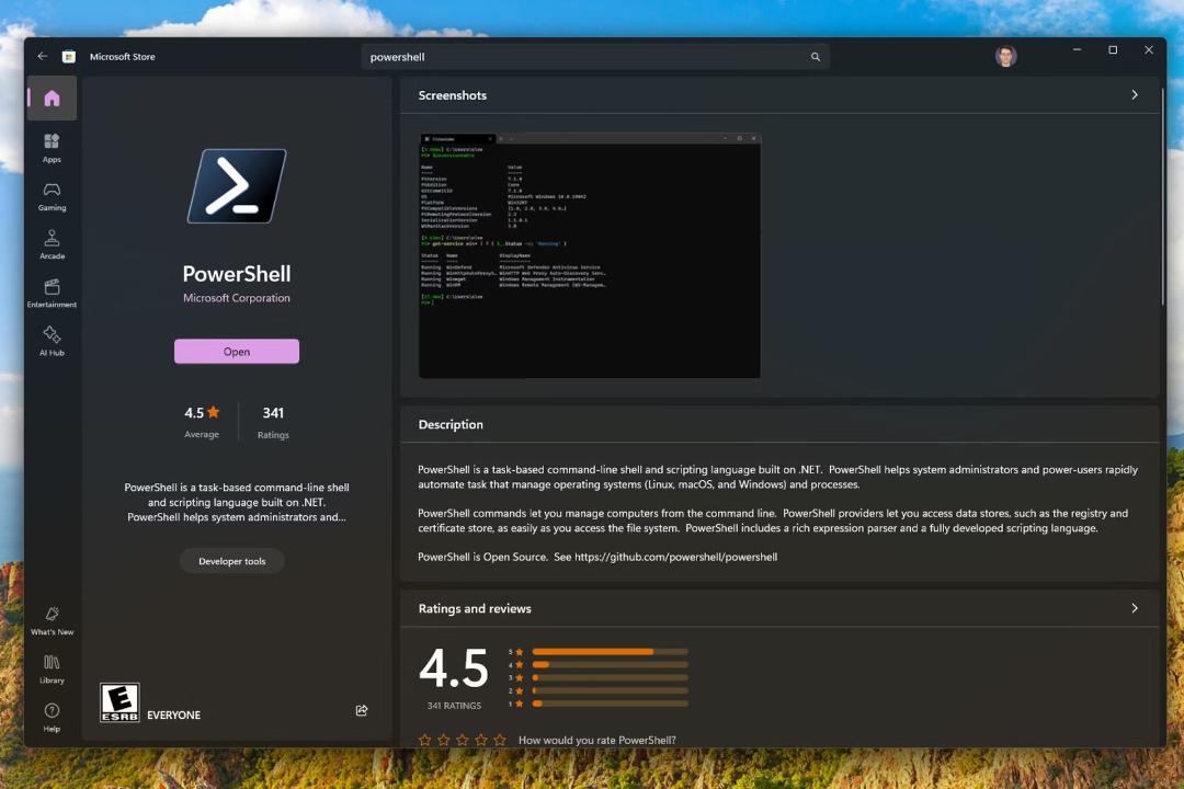 نمایی از مشخصات ابزار PowerShell در فروشگاه مایکروسافت