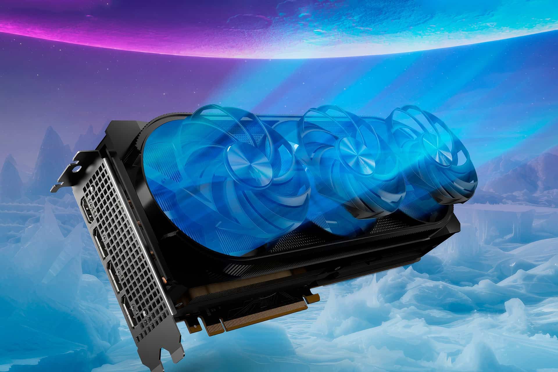 کارت گرافیک ایسر مدل Predator Bifrost Radeon RX 7900 GRE OC با نورهای آبی نشان دهنده‌ی جریان هوا از سه فن آن