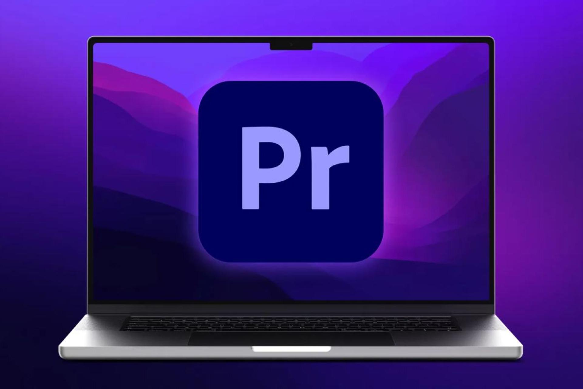 لوگو پریمیر پرو روی صفحه لپ تاپ با زمینه بنفش