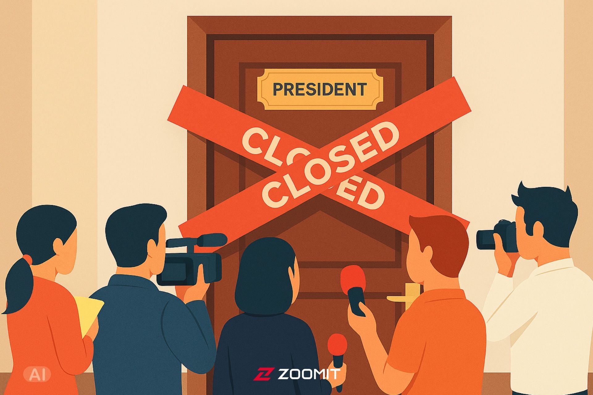 تصویری نمادین از ماندن خبرنگاران پشت درهای بسته دفتر ریاست جمهوری