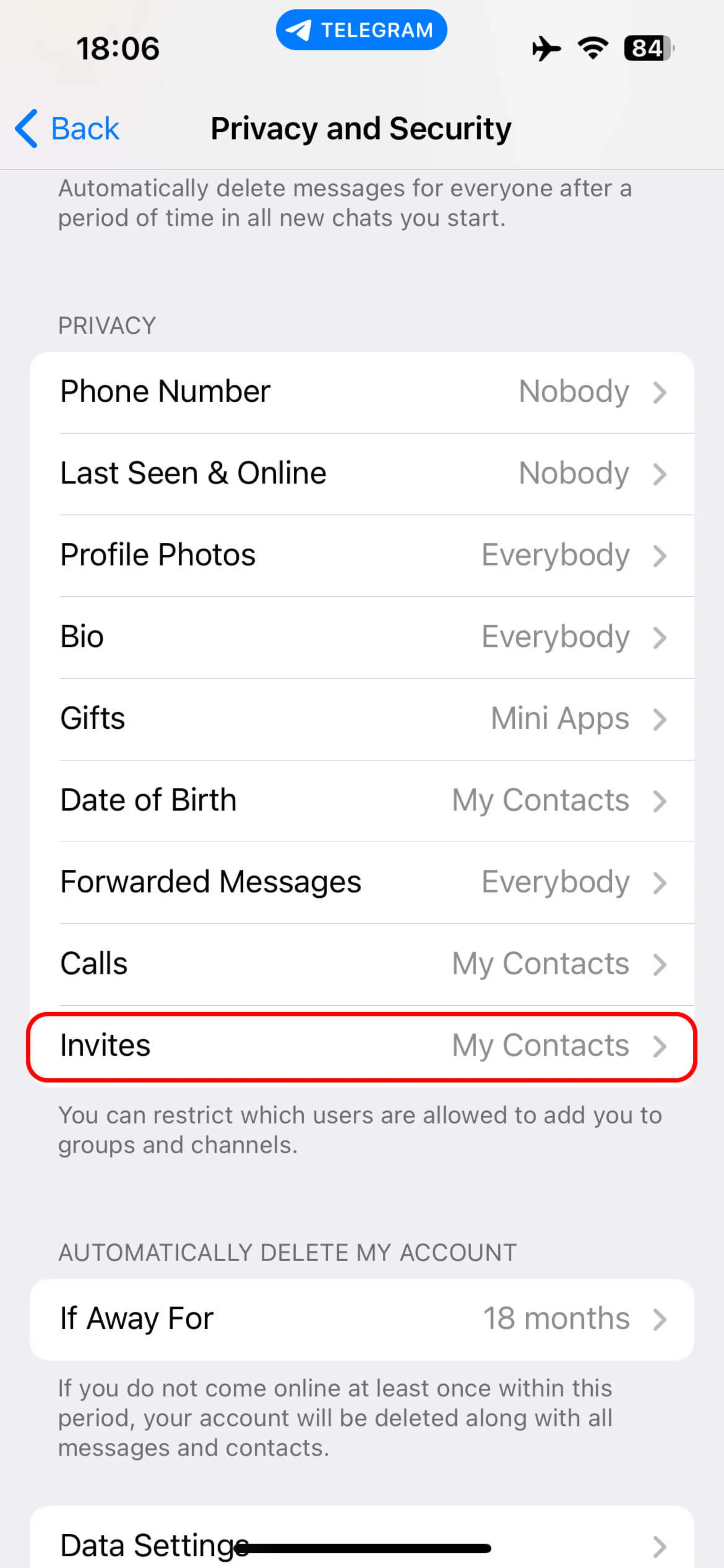 صفحه Privacy and Security تلگرام
