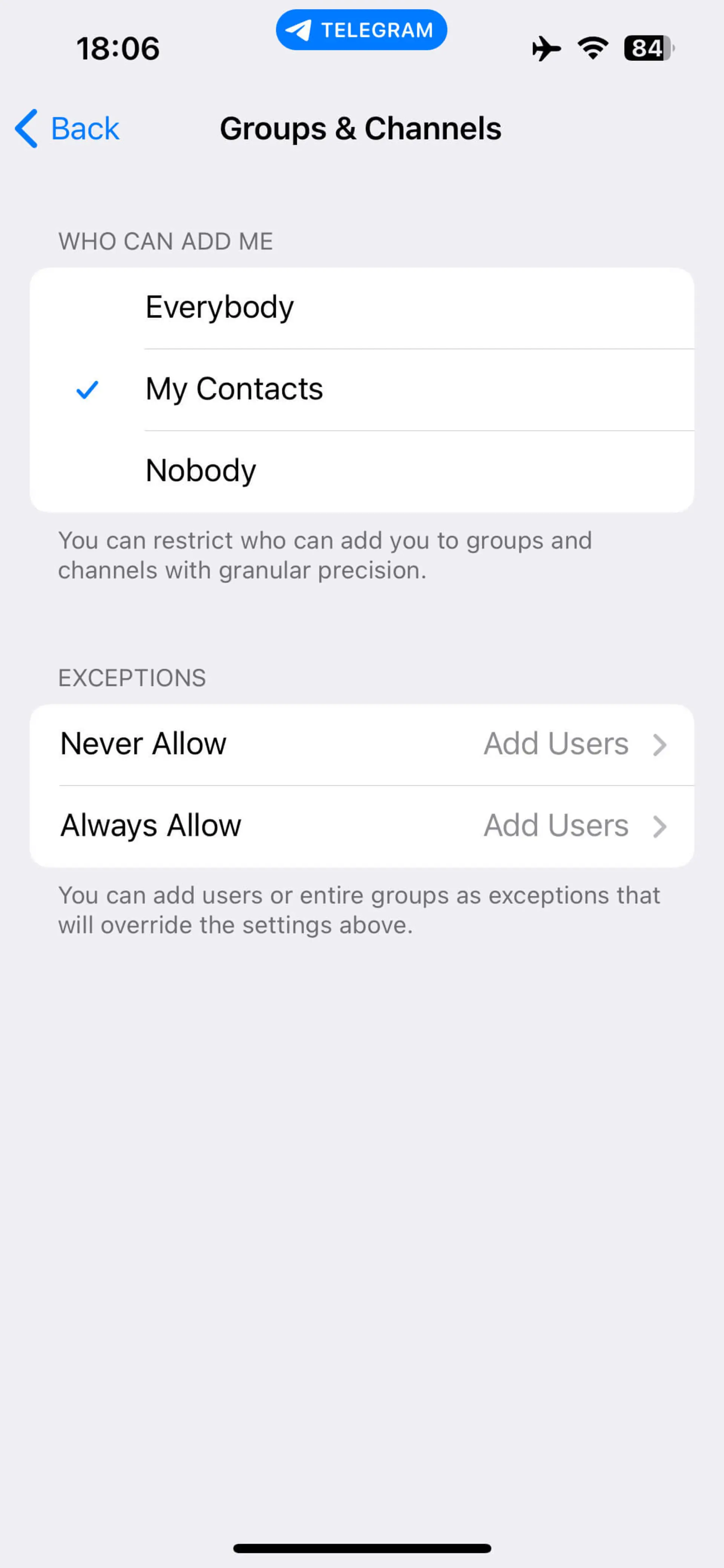 صفحه groups and channels جهت انجام تنظیمات جلوگیری از اد شدن در گروه تلگرام