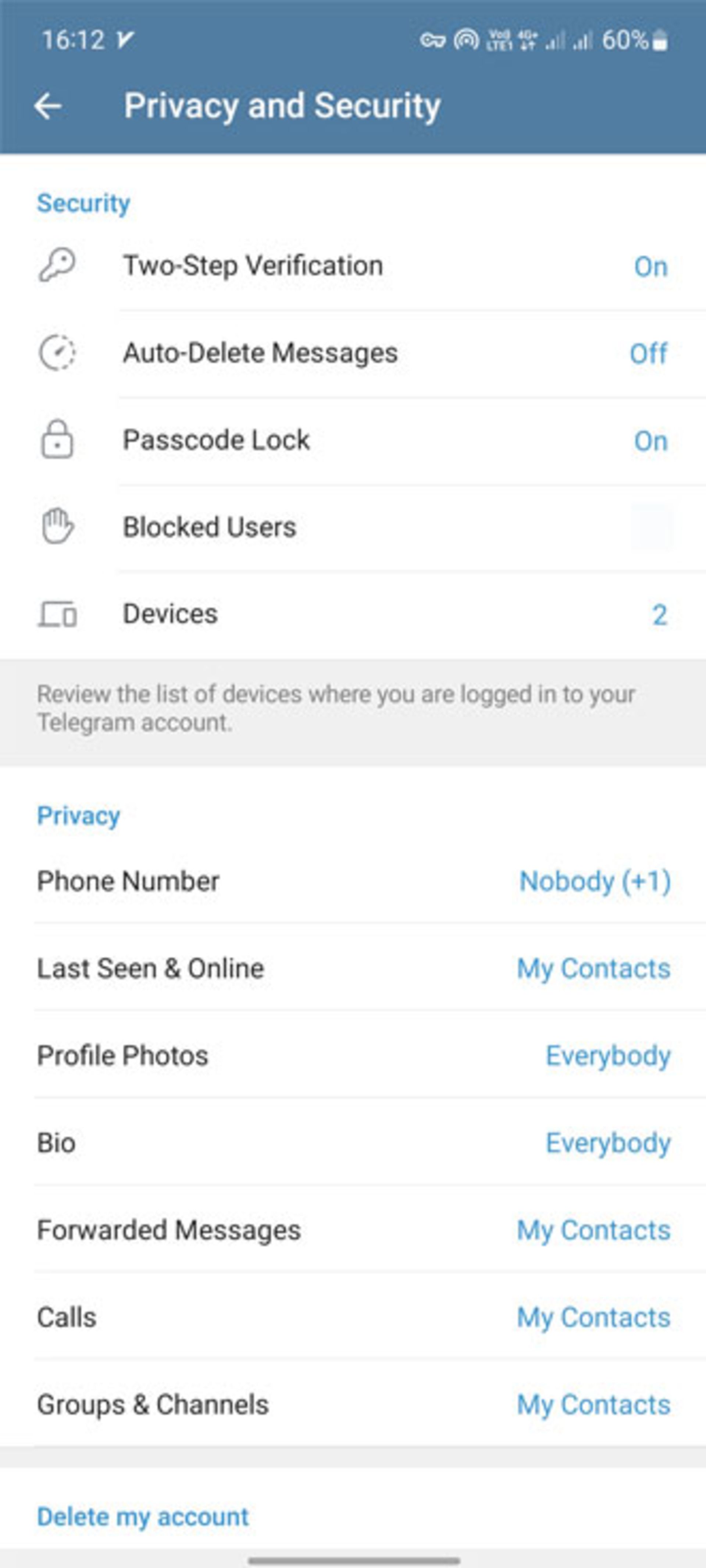 تنظیمات حریم خصوصی تلگرام