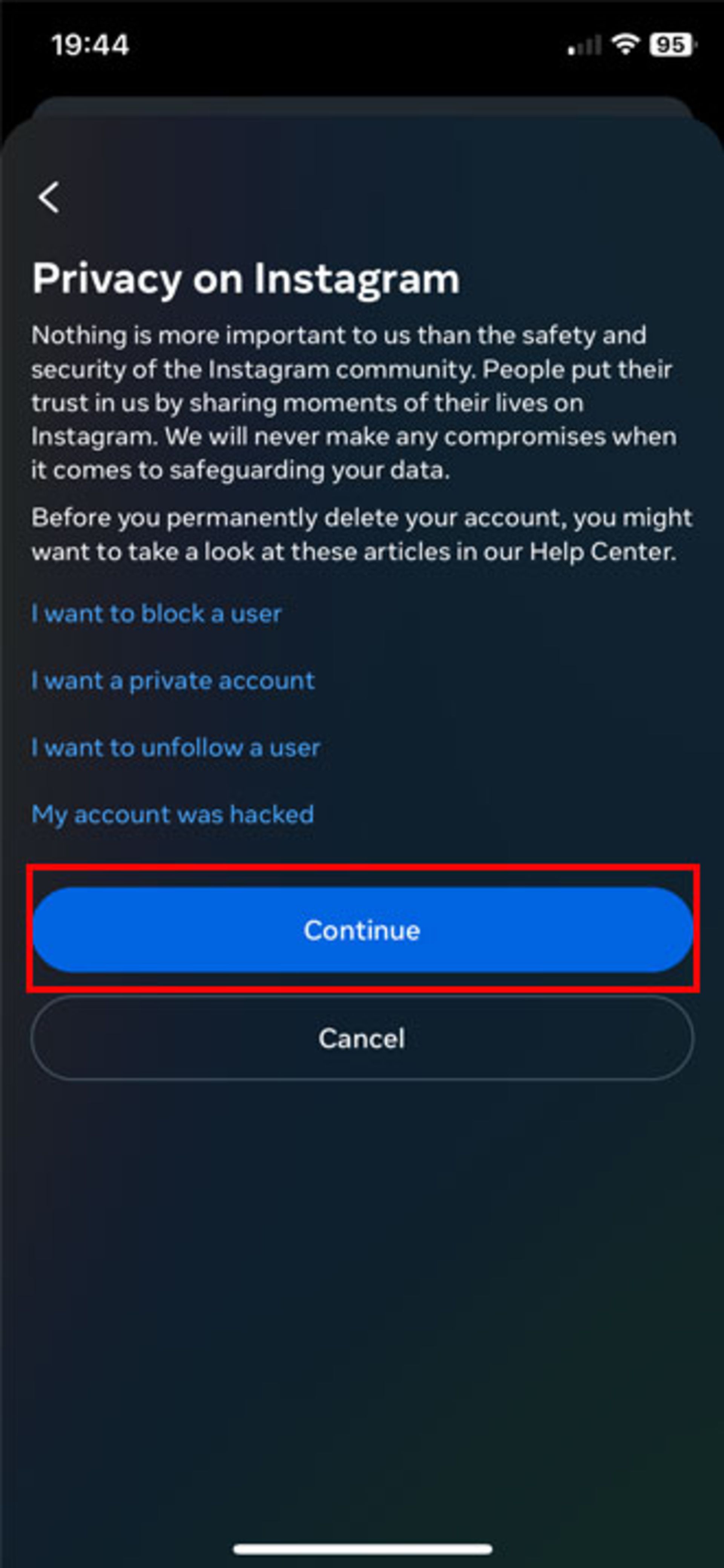 مرجع متخصصين ايران صفحه‌ي Privacy on Instagram