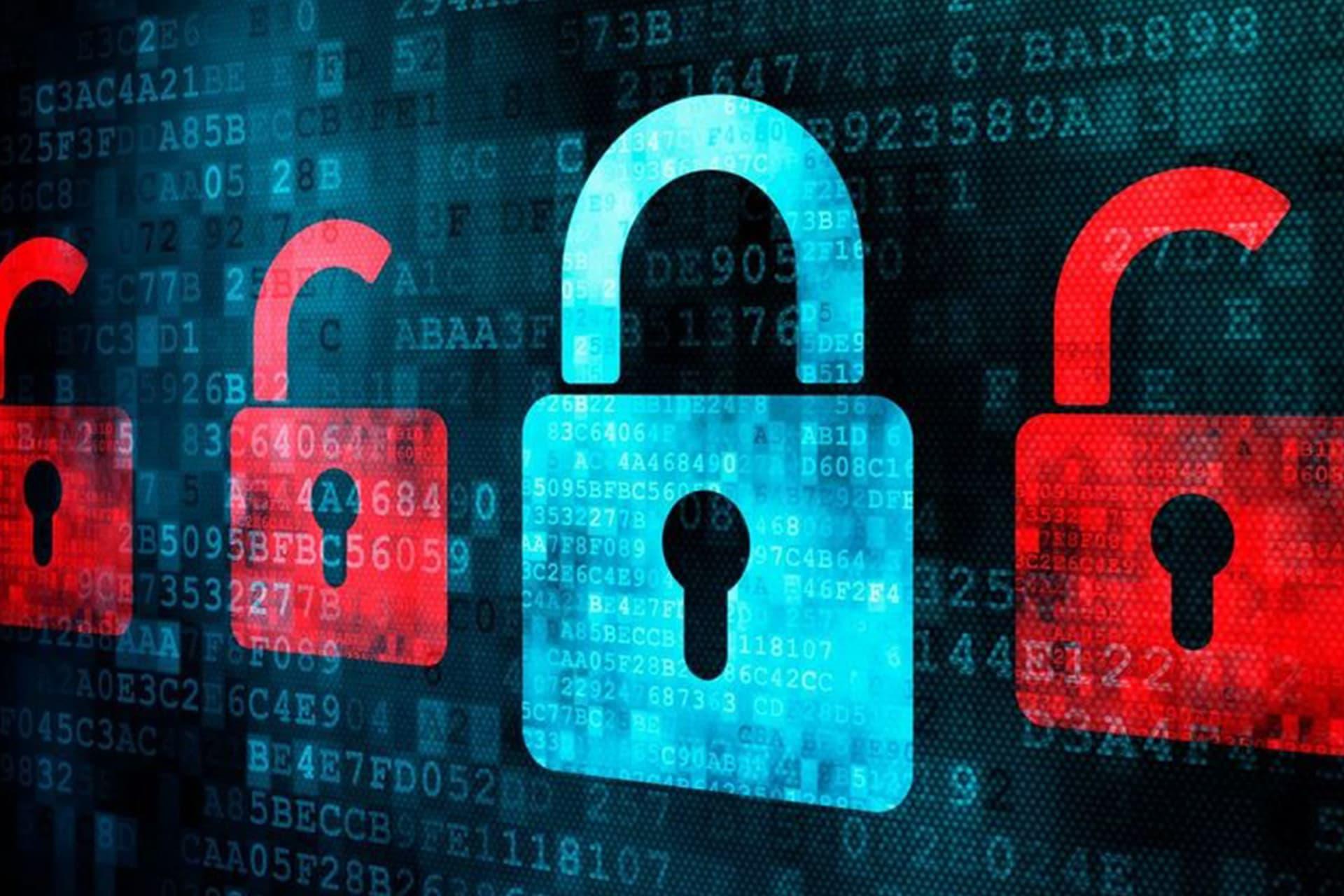 یک قفل به رنگ آبی در کنار چند قفل باز شده به رنگ قرمز