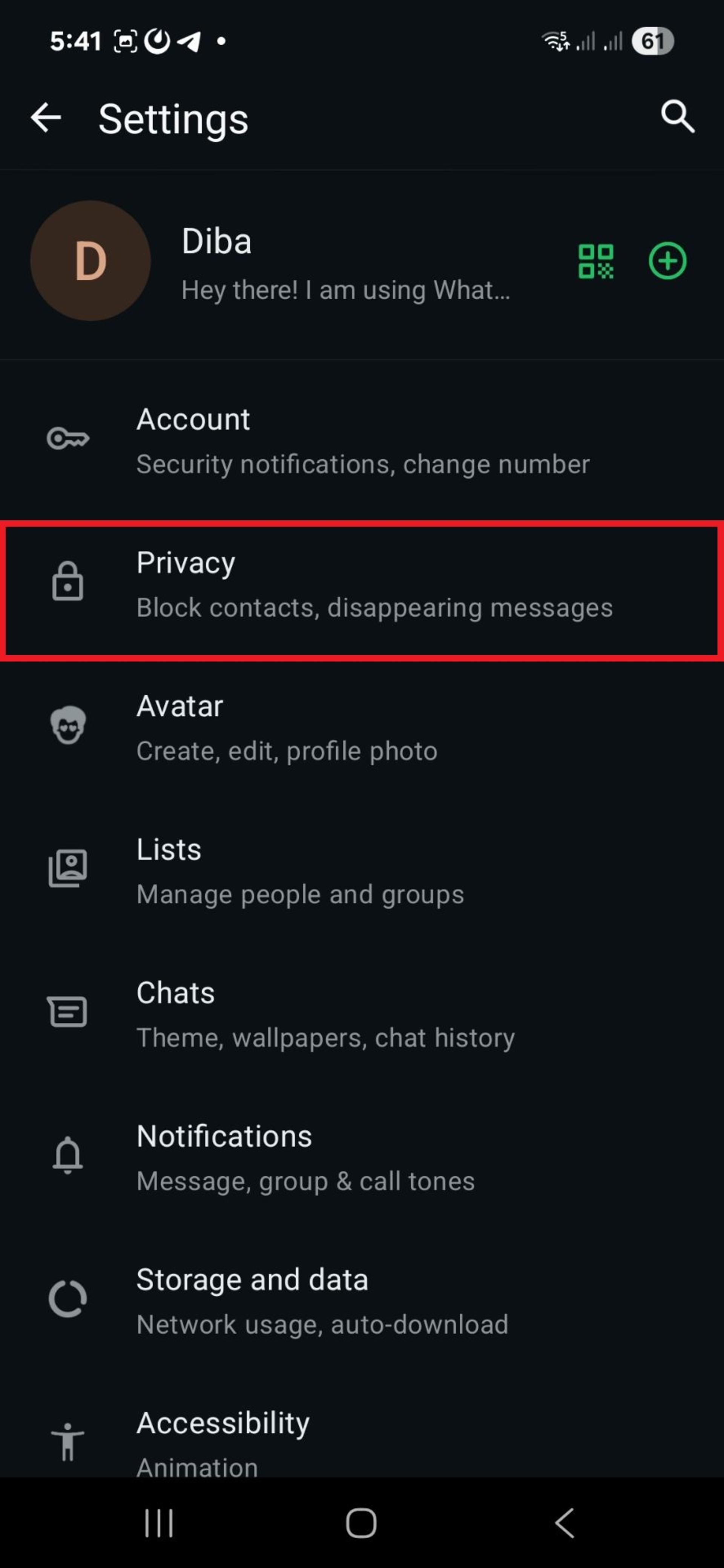 گزینه‌ی privacy در واتساپ