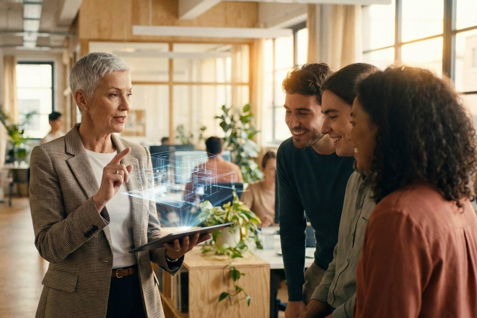 تصویرسازی سالمند شیک‌پوش ۶۵ ساله در دفتر کار که یک هولوگرام دیجیتالی پیچیده را روی تبلت به گروهی از همکاران جوان و دقیق توضیح می‌دهد.