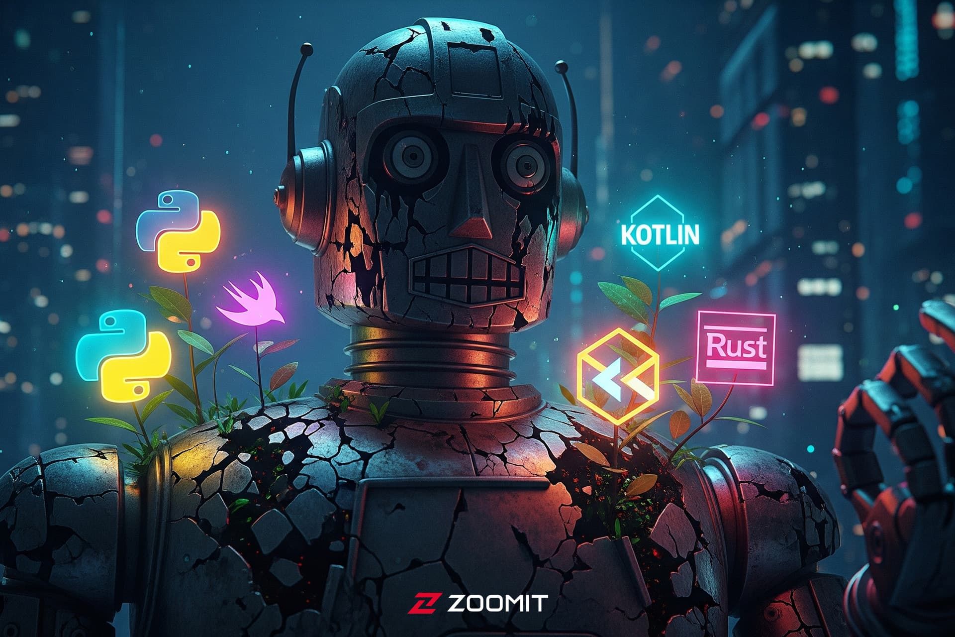 طرح هوش مصنوعی از رباتی با لوگوهای زبان‌های برنامه‌نویسی اطراف آن