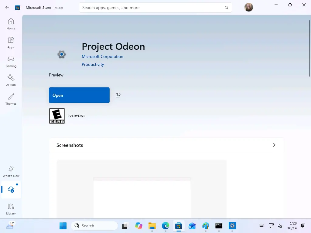 صفحه فروشگاه مایکروسافت استور (Microsoft Store) برای برنامه Project Odeon