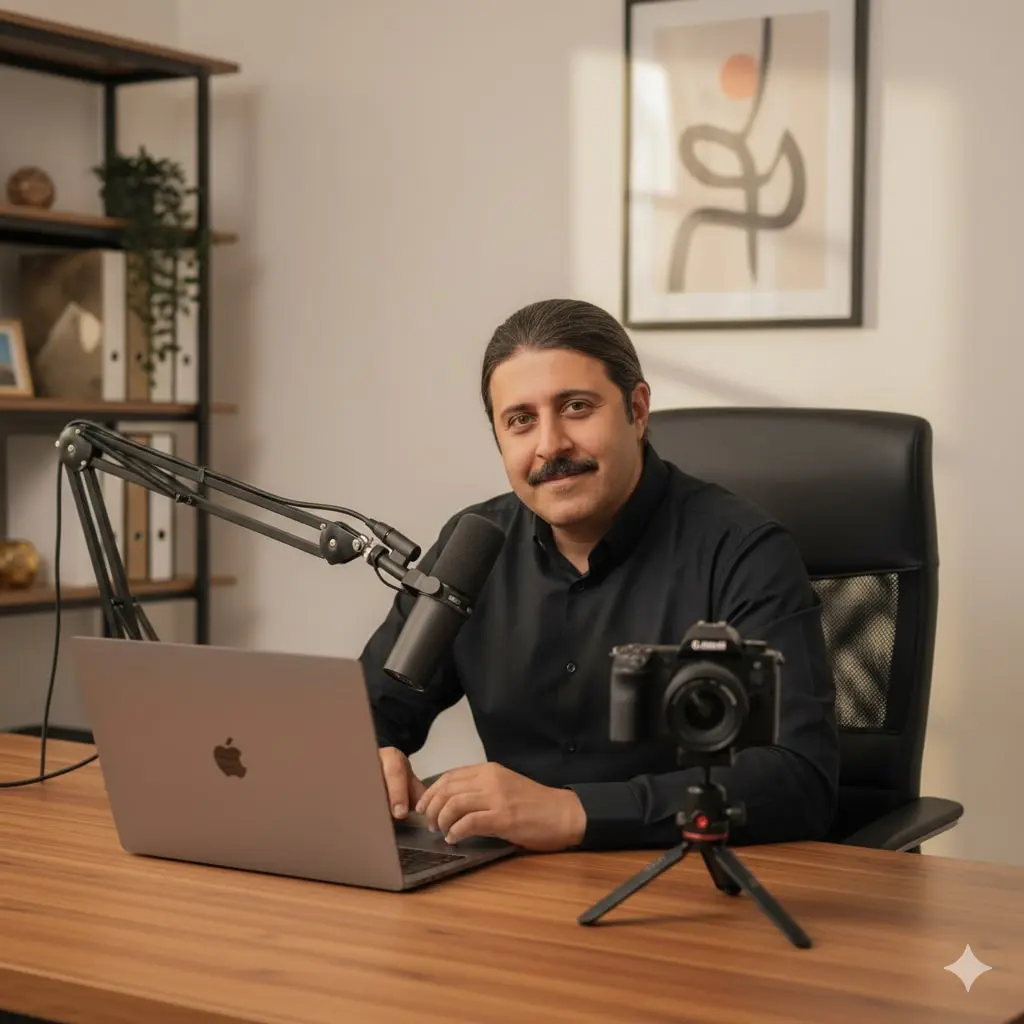 یک مرد پشت میز با لپ‌تاپ - میکرفون و دوربین 