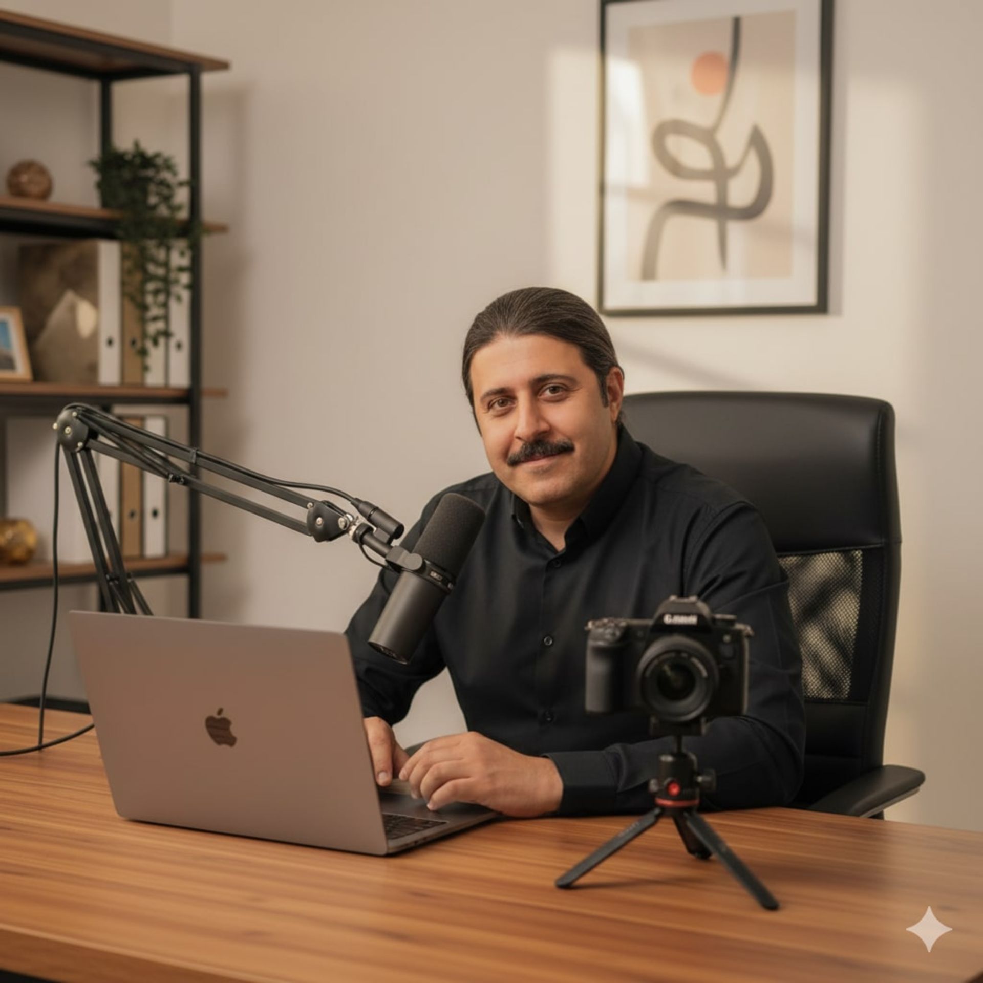 یک مرد پشت میز با لپ‌تاپ - میکرفون و دوربین 