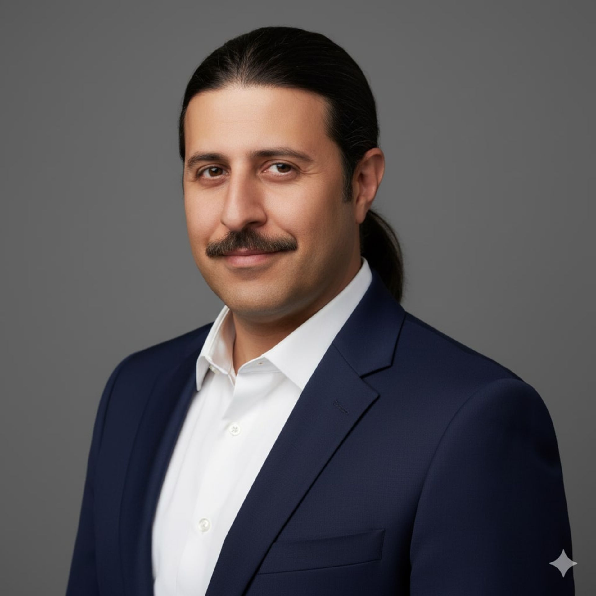 یک مرد با کد و شلوار آبی و پیراهن سفید 