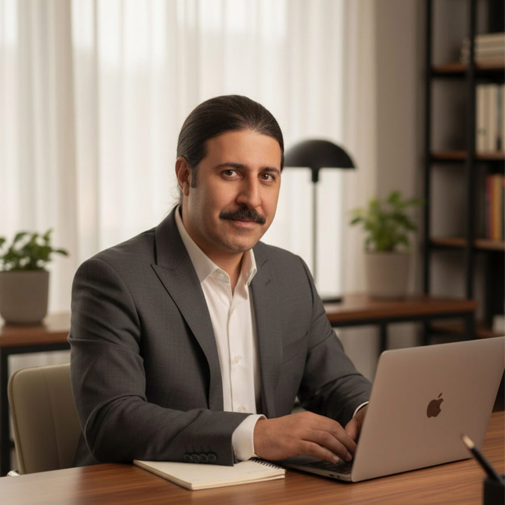 یک مرد با کد و شلوار پشت میز با لپ‌تاپ