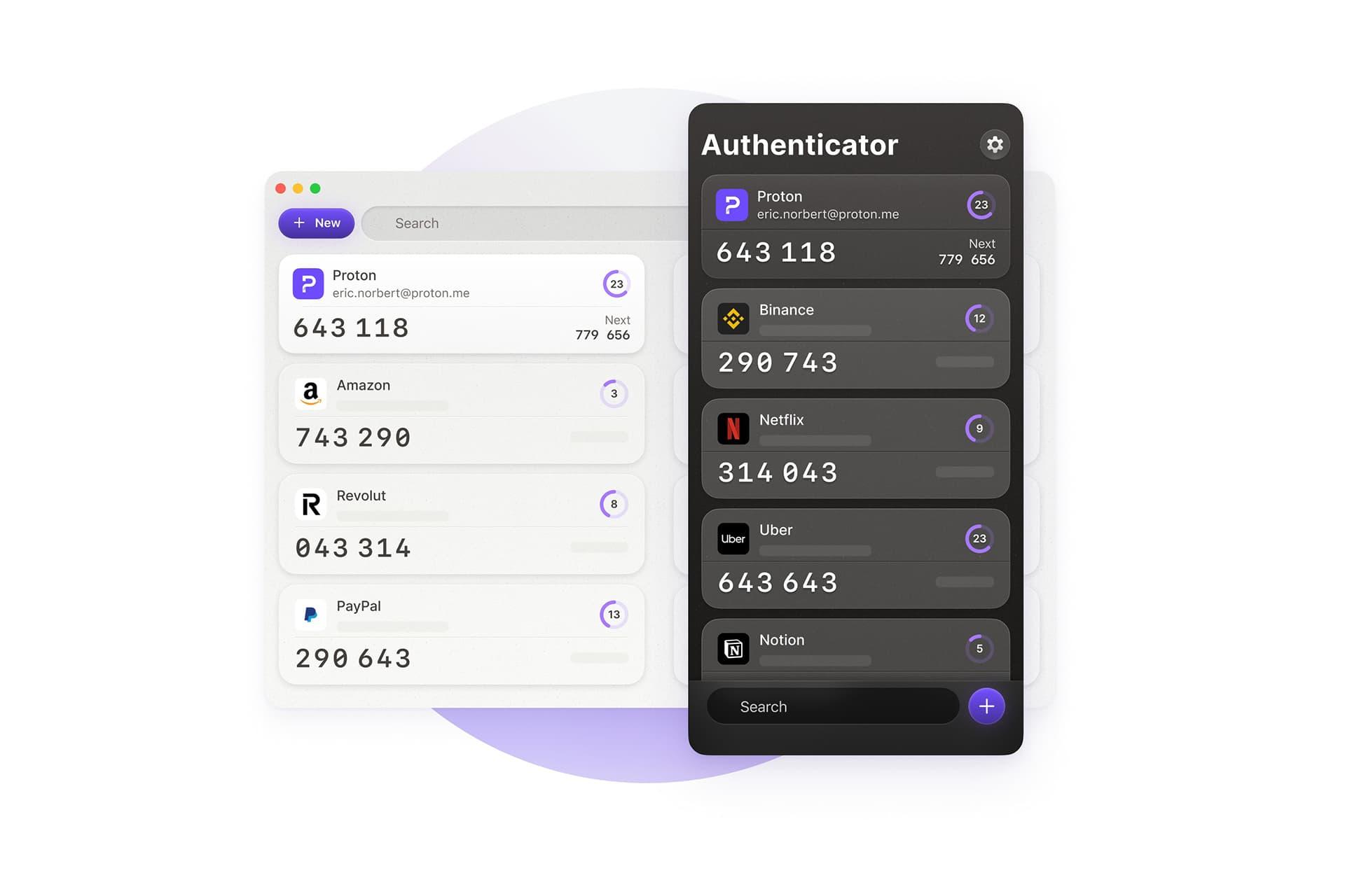 تصویری از رابط کاربری Proton Authenticator