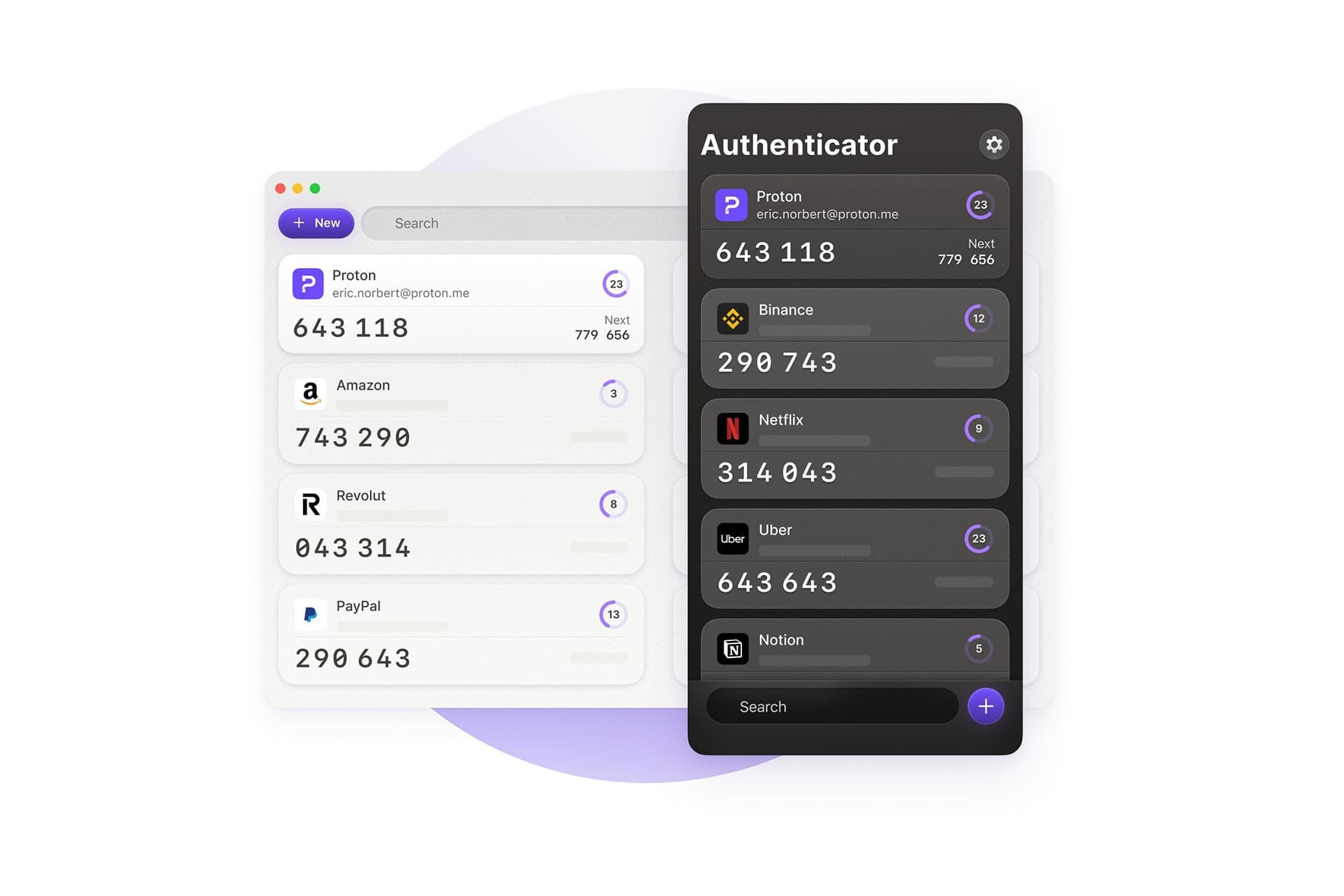 تصویری از رابط کاربری Proton Authenticator