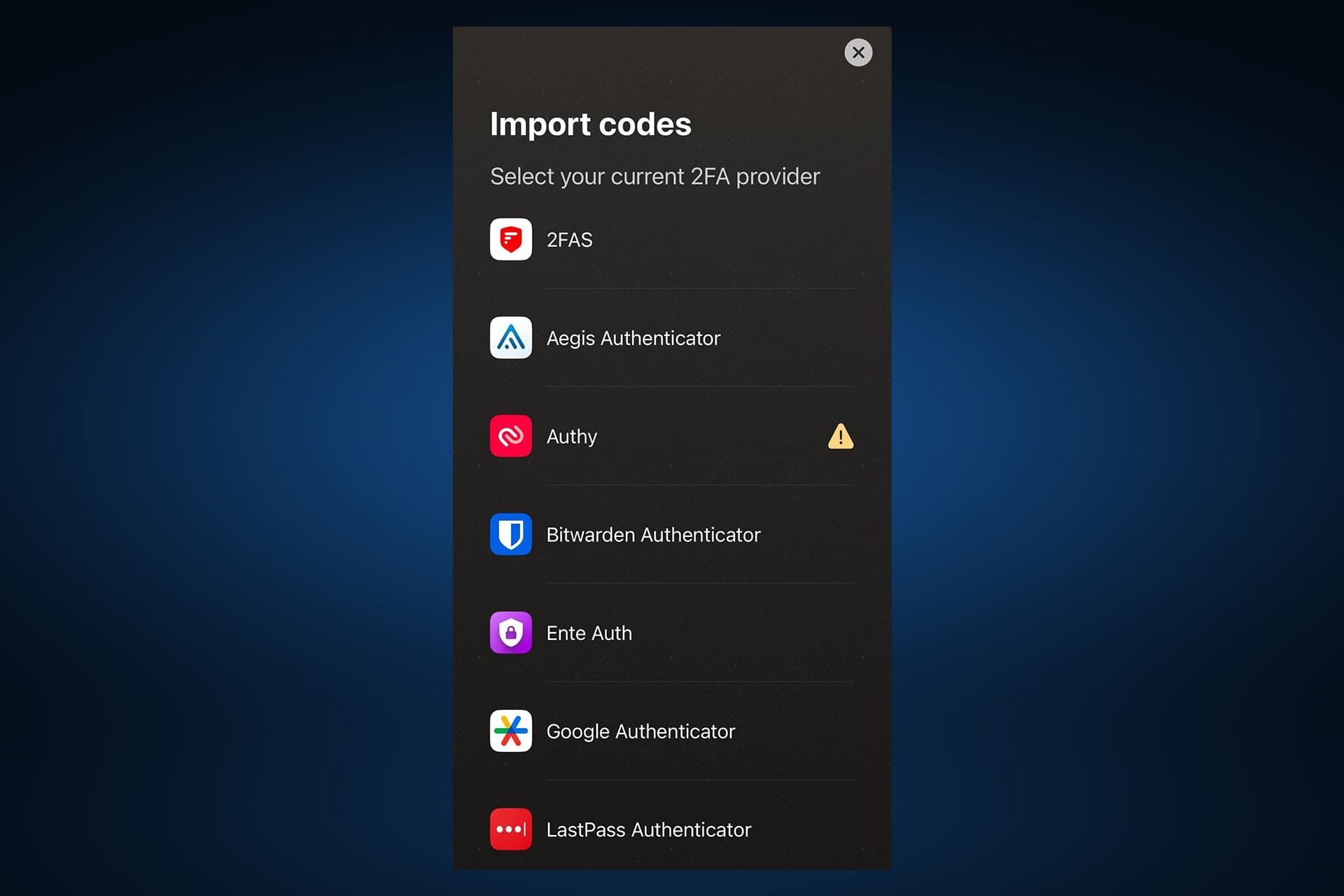 لیست اپلیکیشن‌های دارای قابلیت ایمپورت در برنامه Proton Authenticator