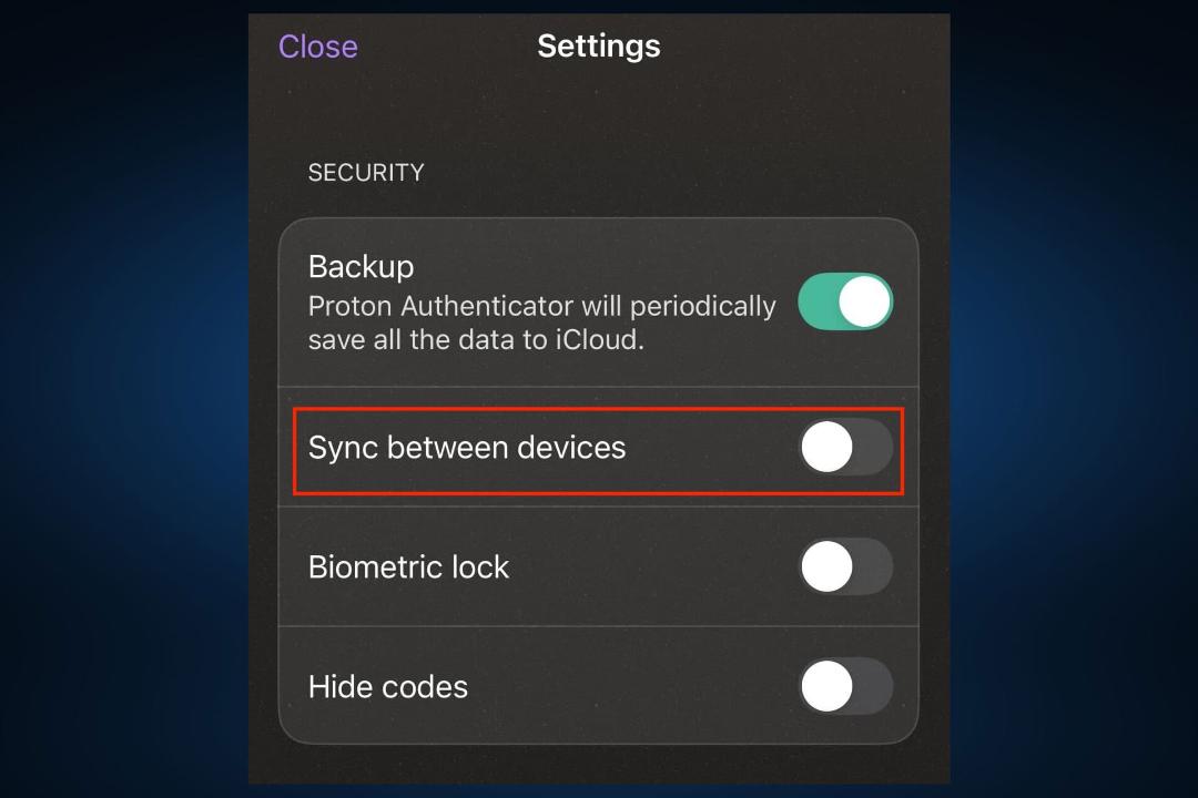 گزینه‌ی همگام سازی در برنامه Proton Authenticator