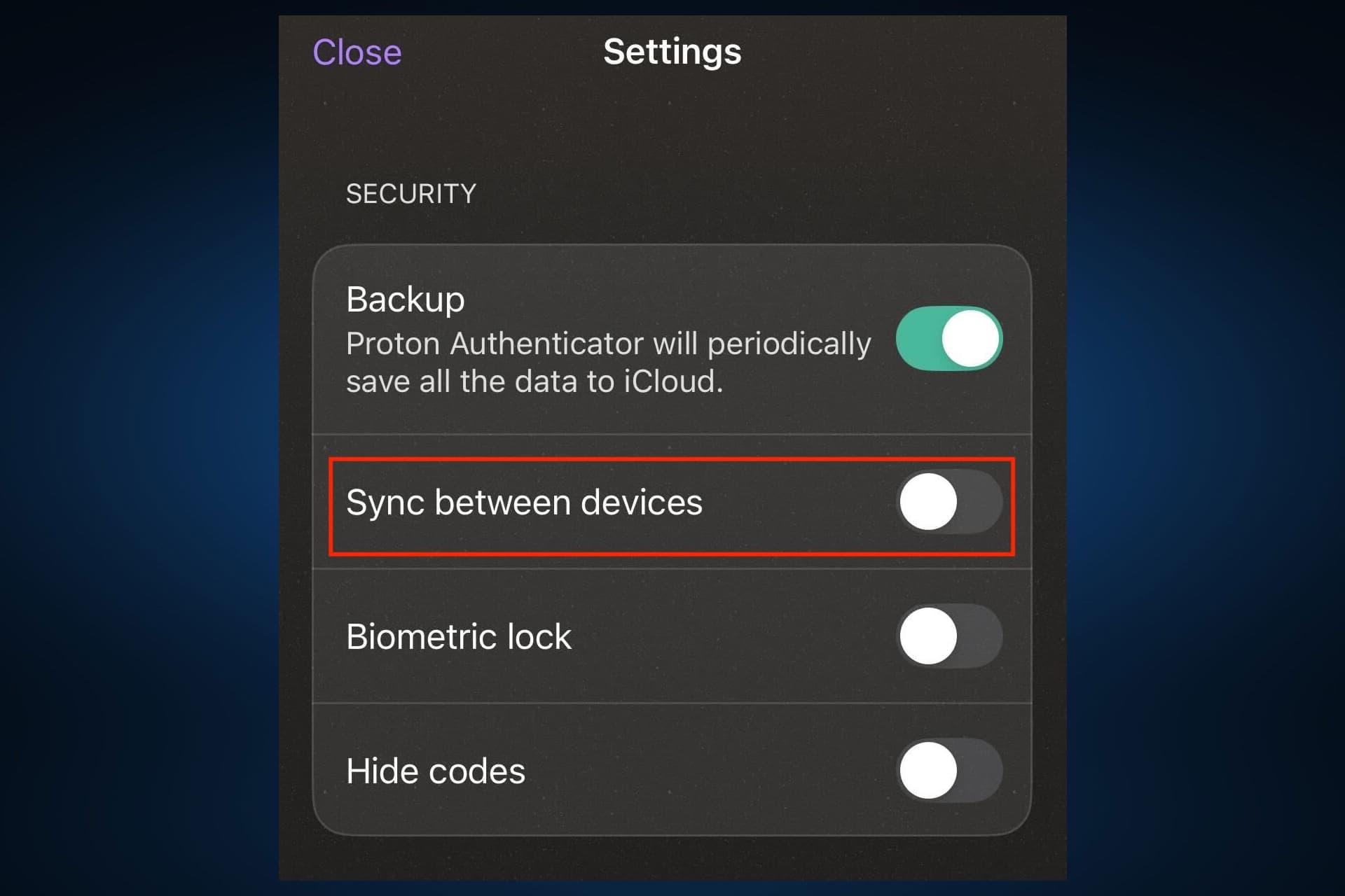 گزینه‌ی همگام سازی در برنامه Proton Authenticator