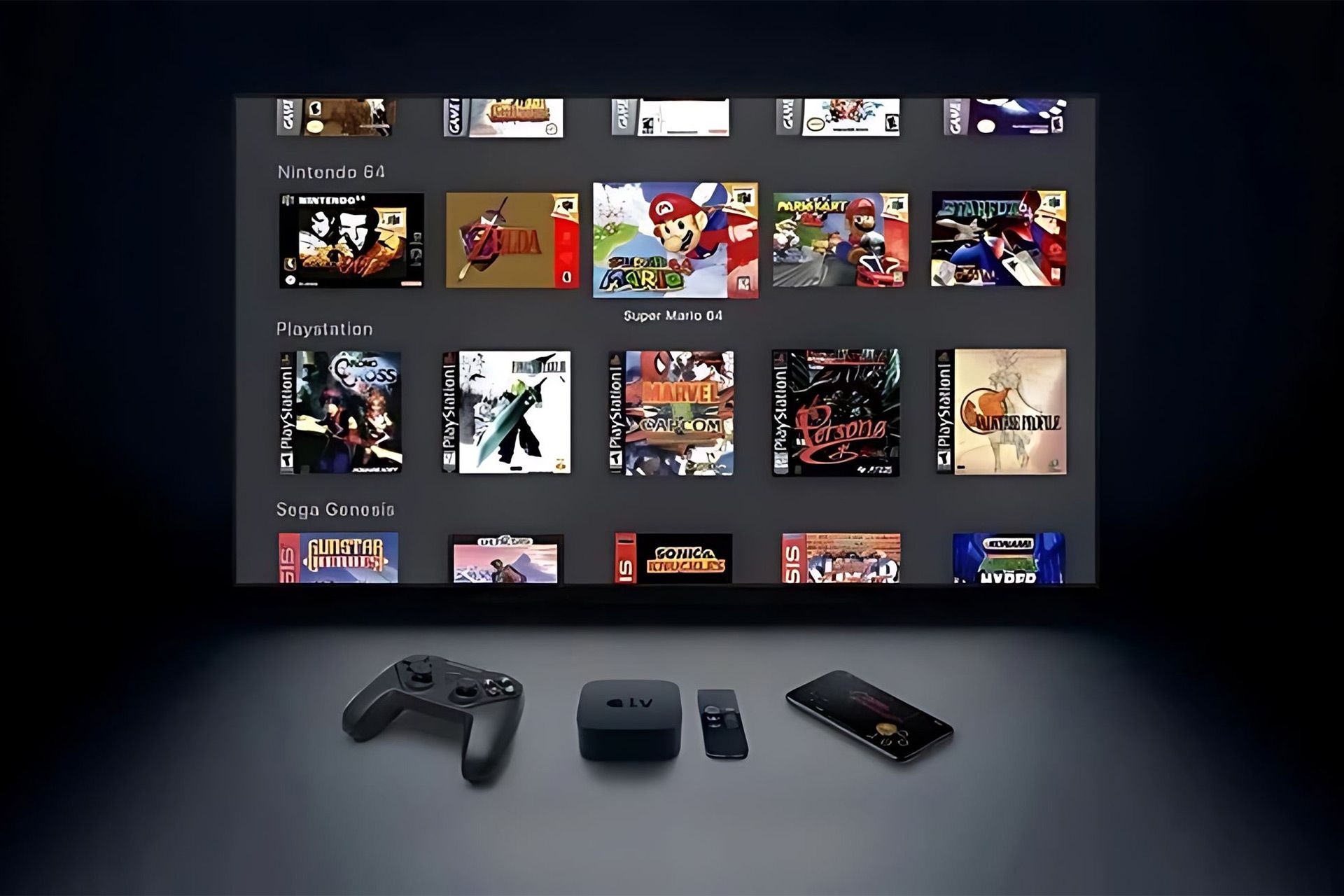 یک تلویزیون در حال نمایش بازی‌های مختلف قرار گرفته بالای دسته‌ی بازی و گوشی