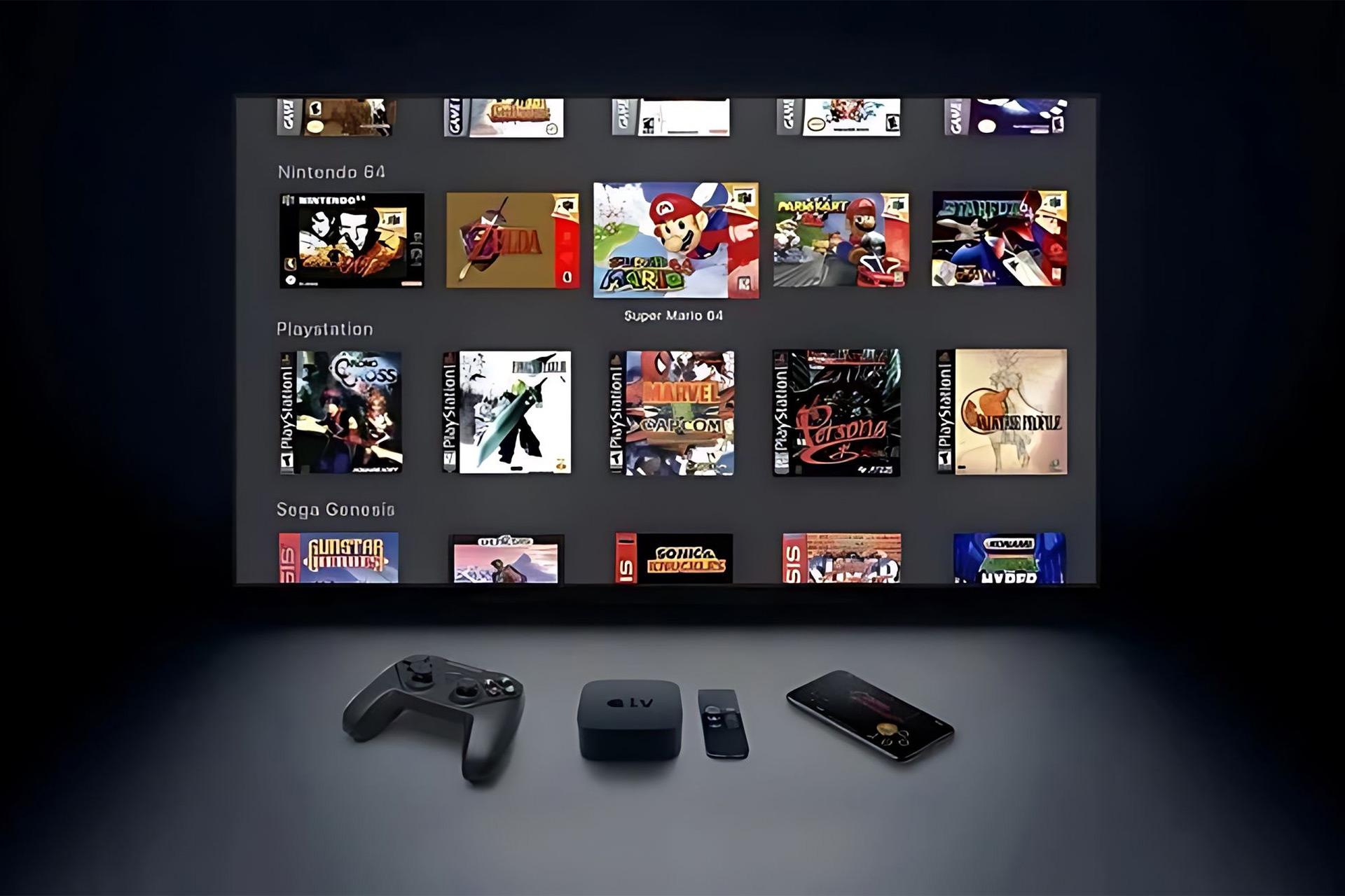 یک تلویزیون در حال نمایش بازی‌های مختلف قرار گرفته بالای دسته‌ی بازی و گوشی