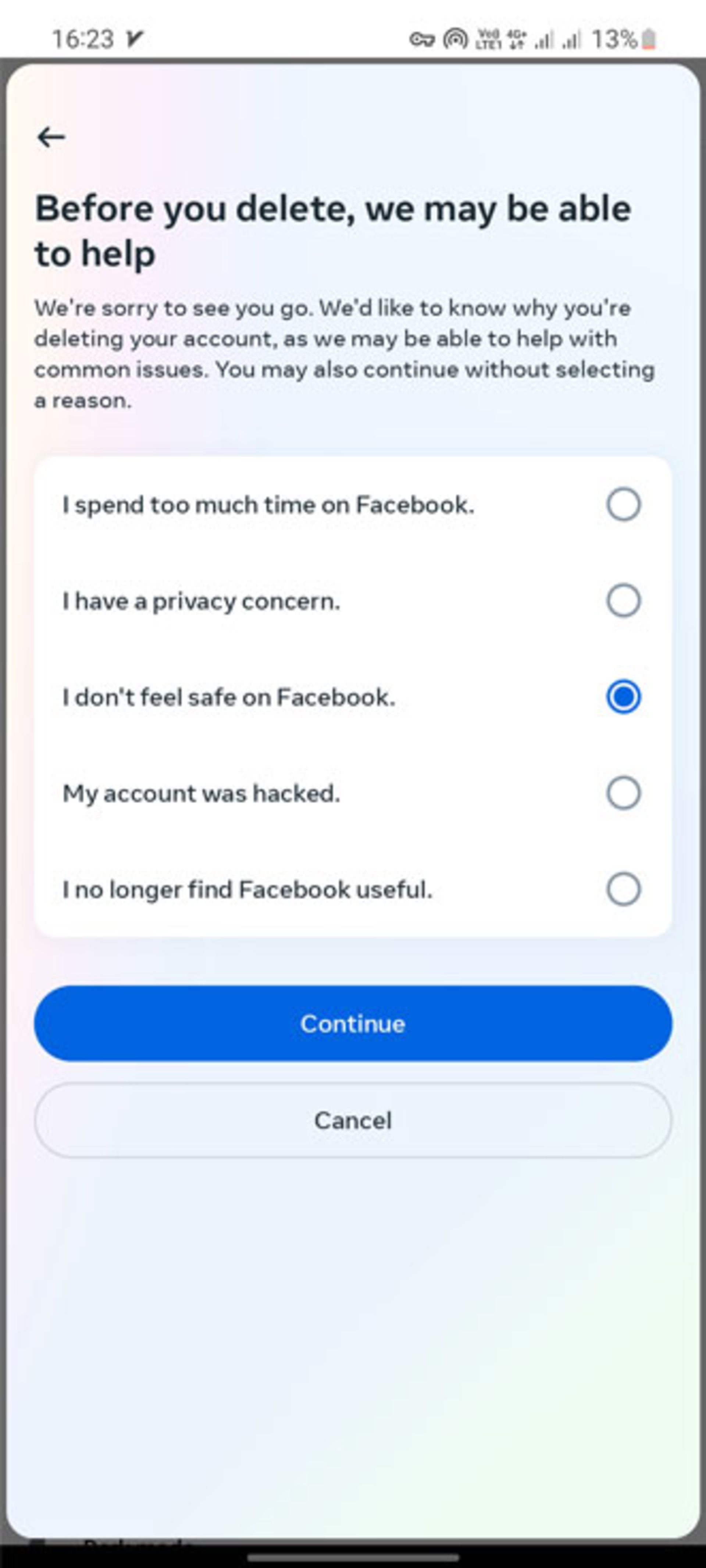 ارائه‌ی دلیل حذف حساب