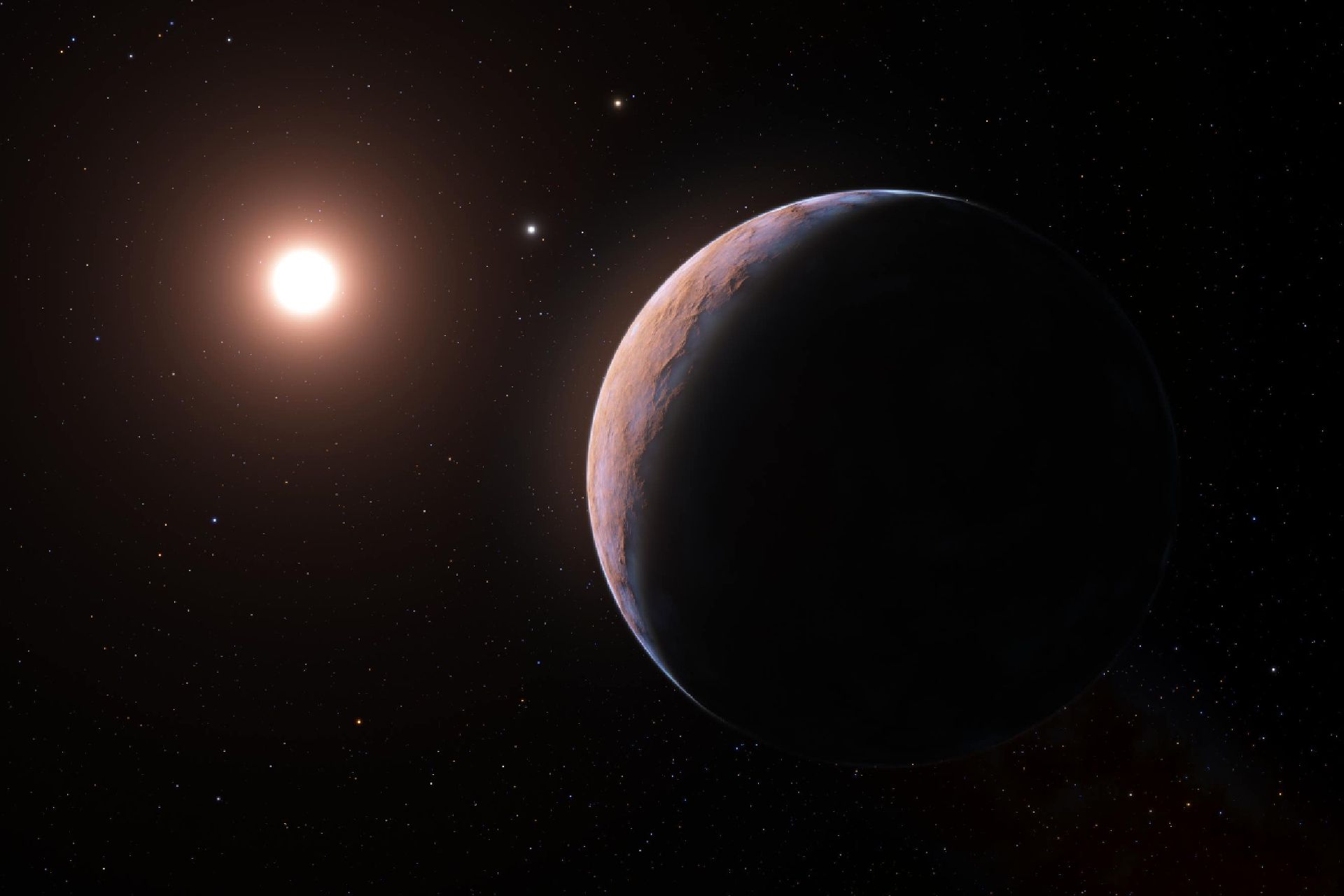 ستاره پروکسیما قنطورس و سیاره‌ای در نزدیکی‌اش، از دید یک هنرمند.