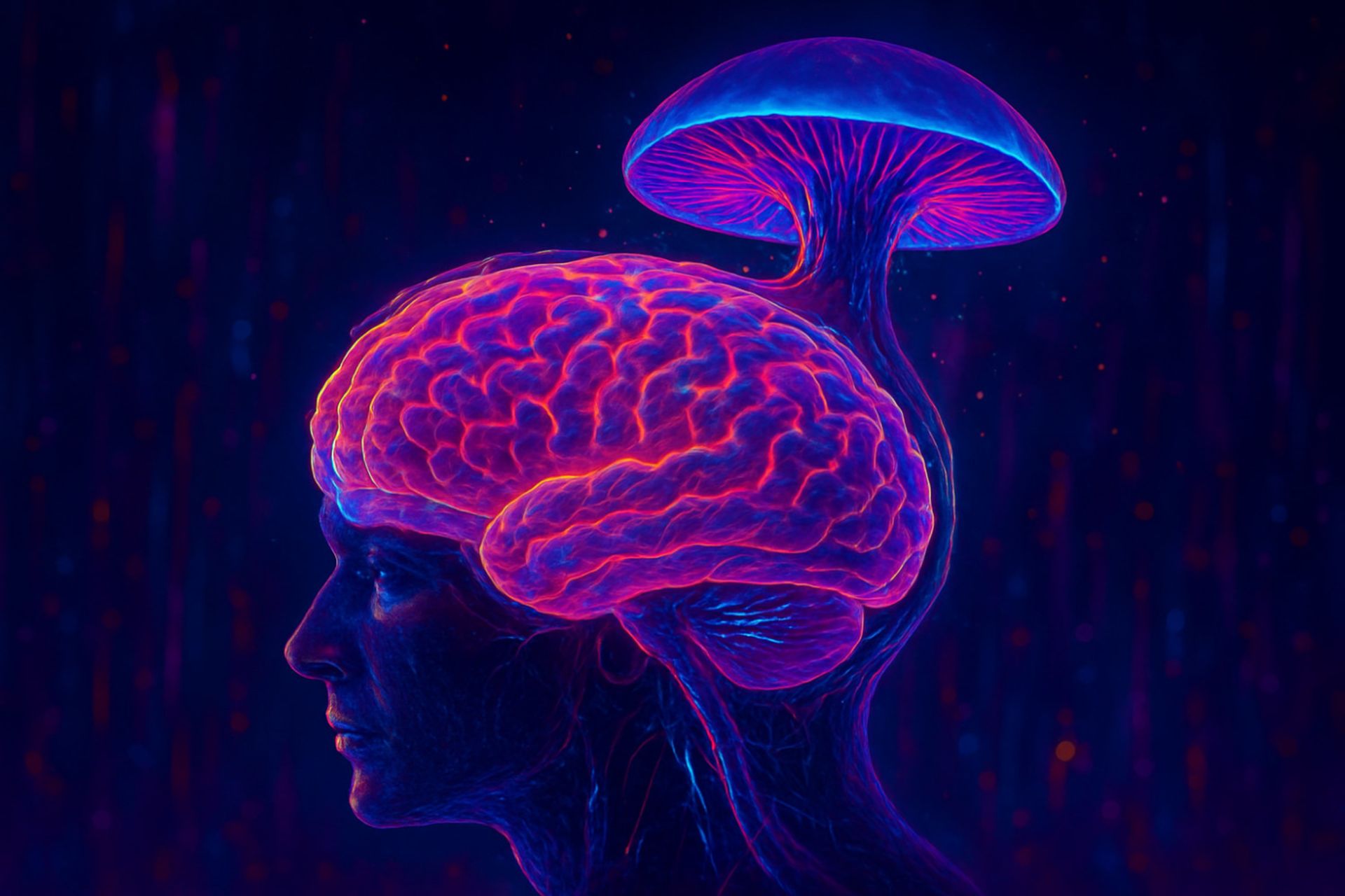 تصویرسازی سایبرپانک اثر سیلوسایبین بر مغز انسان با رنگ‌های نئونی