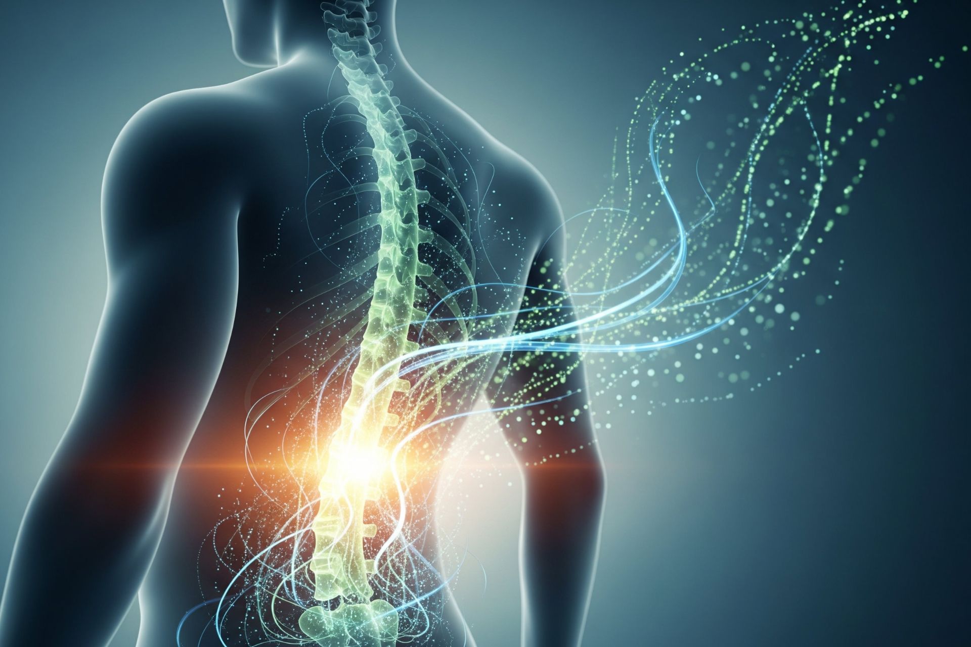 تصویرسازی دیجیتال پشت بدن انسان و کاهش درد بخش پایینی کمر با رنگ‌های نئونی