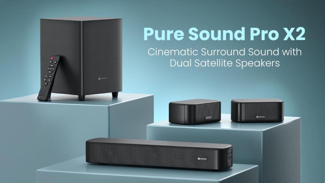 مجموعه کامل سیستم صوتی شامل ساب‌ووفر، ساندبار و دو اسپیکر ماهواره‌ای مدل Pure Sound Pro X2